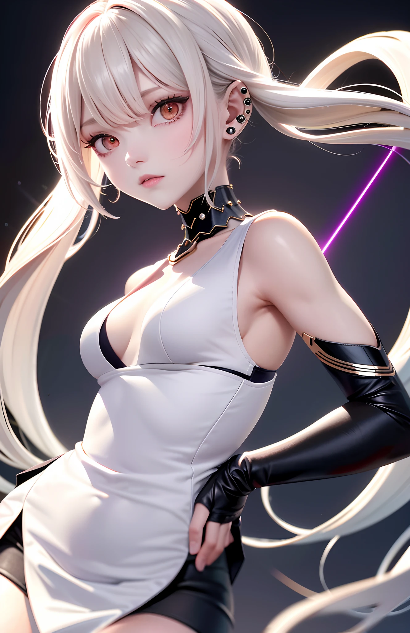 optimum,tmasterpiece,A high resolution,best qualtiy,hyper HD,super detailing,Award-Awarded,16k,独奏,(The upper part of the body),anatomy correct,Beautiful cyberpunk girl,Ex Machina,cute face,high light,Gradient Beige Hair,Hairline,((Scarlet eyes)),long eyelasher,Hanging eye corners,White skin of the,(small boobs),(Slim body),((cardigan_vest)),((high-waist_Skirt)),(),ear studs,(neck rings),(Laser material clothing:1.2)