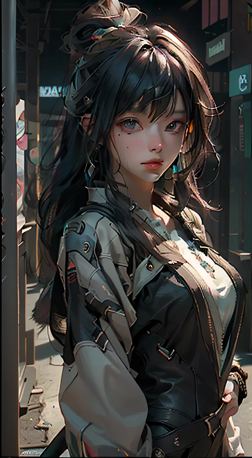 Beautiful photorealistic portrait photograph of beautiful nekomata catgirl wearing tech jacket and assorted cyberpunk clothing and paraphernalia, colorful cyberpunk hairstyle, huge breasts, dynamic pose, cyberpunk street background, perfect ratio proportions, abstract beauty, approaching perfection, pure form, concept art, by Brian Froud and Carne Griffiths and Wadim Kashin and John William Waterhouse, intricate details, 8k post production, high resolution, hyperdetailed, trending on artstation, sharp focus, studio photo, intricate details, highly detailed