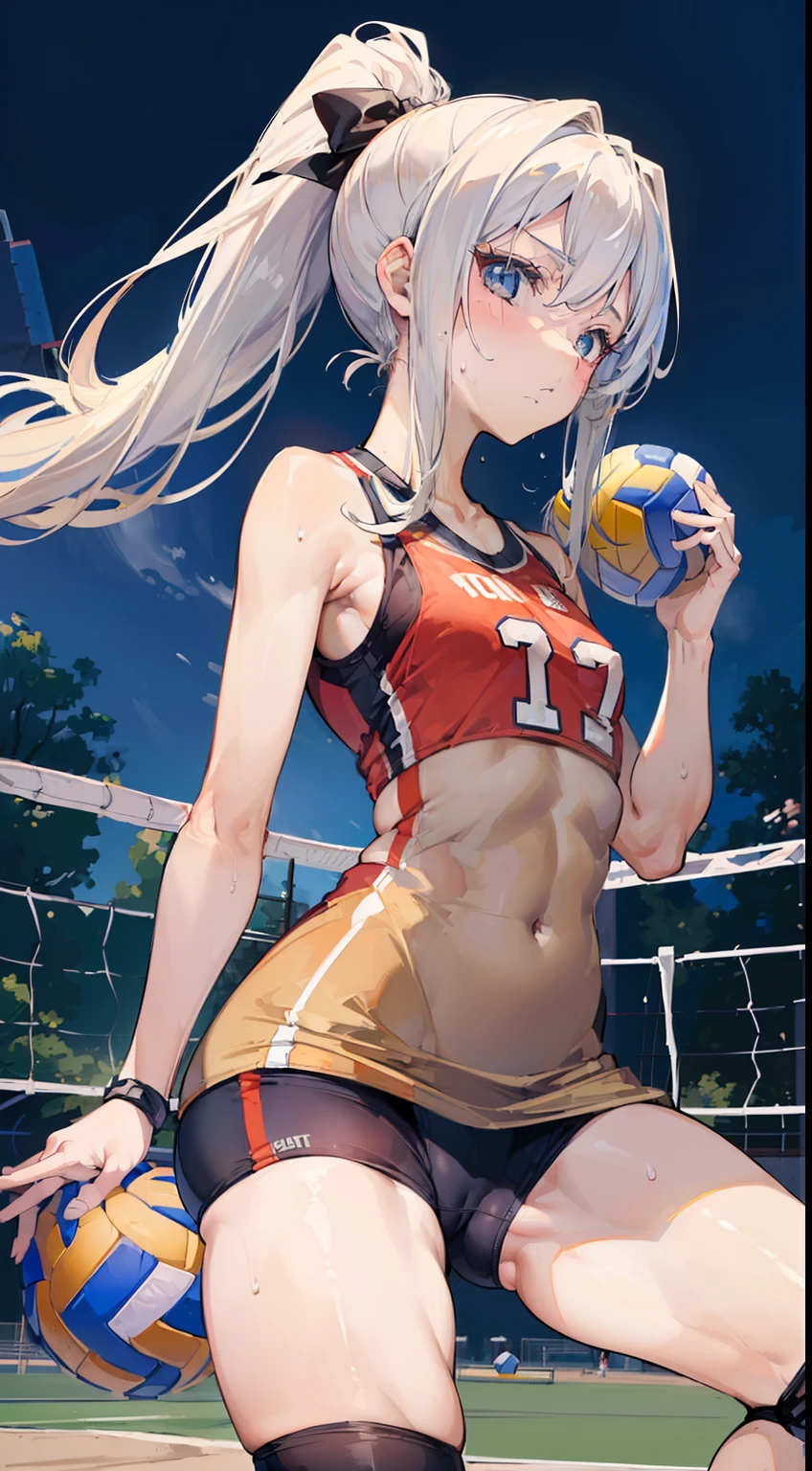 (masterpiece, 4k ,ultra detailed:1.2),(beautiful face:1.2),(anime:1.2),illustration,(solo:1.2),(looking at viewer:1.4),(supermodel:1.3),(volleyball athlete:1.4),(volleyball uniform:1.4),(bike shorts:1.4),(volleyball:1.5),(sweaty skin:1.3),(white hair),13yo,(absurdly long hair:1.5),(ponytail:1.3),(white panties),(string,abs,bouquet,child,small breasts,petite:1.1),(sfw,nipple,flat chest,dress,sports bra:1.5),(cinematic angle),(full body:1.2),(Camel toe:1.3),(volleyball field:1.5)