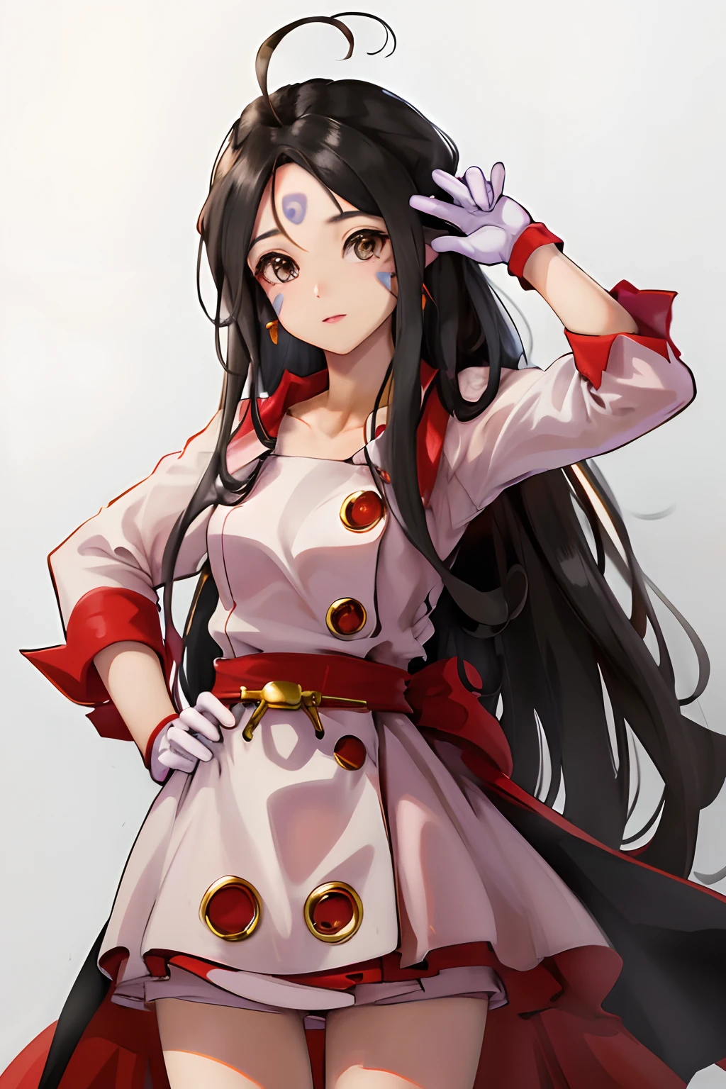 masterpiece, best quality, highres, hmskuld, black hair, facial mark, forehead mark, ahoge,  gloves, jewelry, dress, cowboy shot, standing