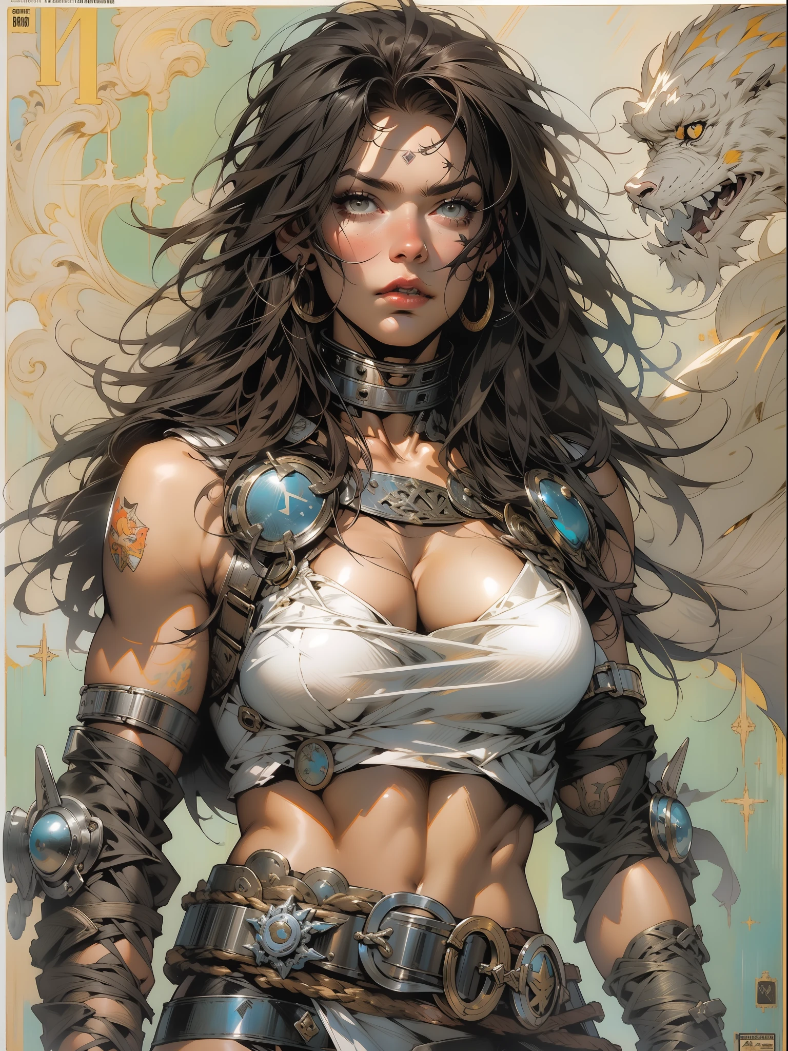 Uma guerreira mulher de 35 anos musculosa quase nua no estilo Simon Bisley para a capa da revista Heavy Metal, cabelo metade preto metade branco, Minimum clothing, Roupas curtas, (((mulher))), (((melhor qualidade))), (((obra prima))), (((adulta))), Uma guerreira mulher de 35 anos com corpo perfeito, Brooklyn Gladiators, hand with steel gloves and metal tips, (( under boobs )), (( Tiny thong )), quase nua no estilo selvagem urbano de Simon Bisley para a capa da revista 2000 A.D., cabelo curto desalinhado, Minimum clothing, arm with heavy metal protection full of tips, tatuagem tribal, estrelas de 5 pontas, (((corpo inteiro))), cabelo preto curto com franja branca cobrindo a testa