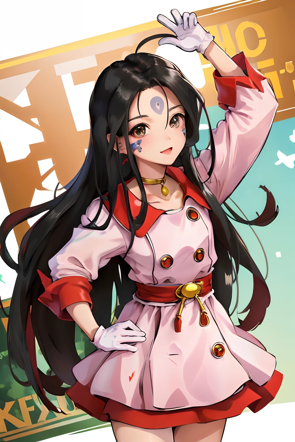 masterpiece, best quality, highres, hmskuld, black hair, facial mark, forehead mark, ahoge, gloves, jewelry, dress, cowboy shot, standing