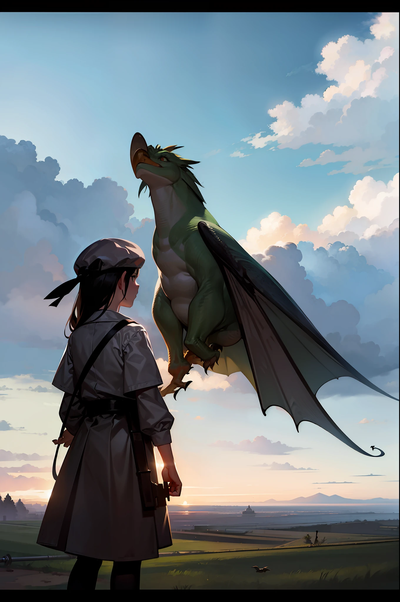 girl, letterboxed, holding, outdoors, bird, standing, cloud, 1boy, weapon, from behind, sky, cloudy sky, animal, holding weapon, eastern dragon, monster, 1other, hat, fog,