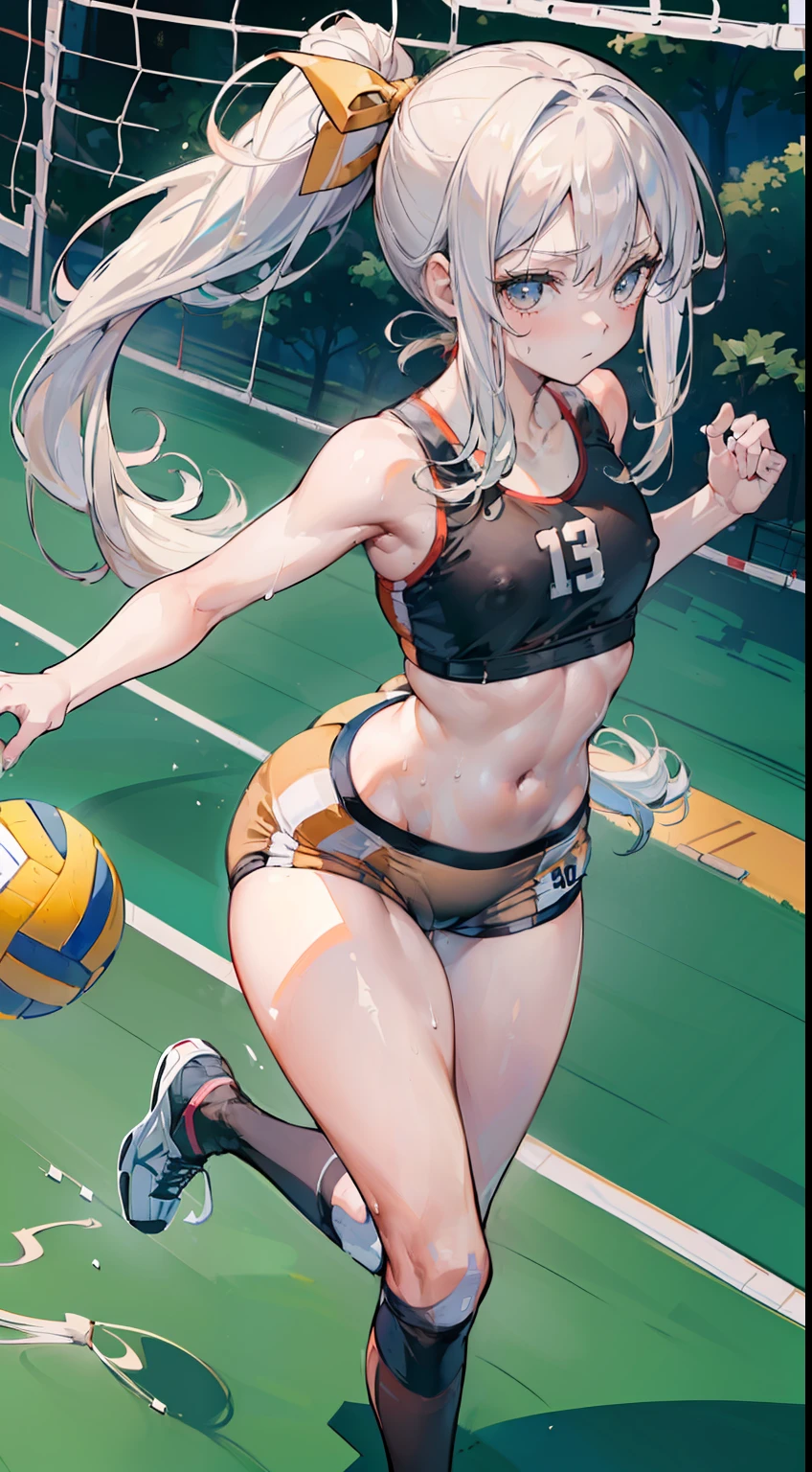 (masterpiece, 4k ,ultra detailed:1.2),(beautiful face:1.2),(anime:1.2),illustration,(solo:1.2),(looking at viewer:1.4),(supermodel:1.3),(volleyball athlete:1.4),(volleyball uniform:1.4),(bike shorts:1.4),(volleyball:1.5),(sweaty skin:1.3),(white hair),,(absurdly long hair:1.5),(ponytail:1.3),(white panties),(string,abs,bouquet,child,small breasts,petite:1.1),(sfw,nipple,flat chest,dress,sports bra:1.5),(cinematic angle),(full body:1.2),(Camel toe:1.3),(volleyball field:1.5)