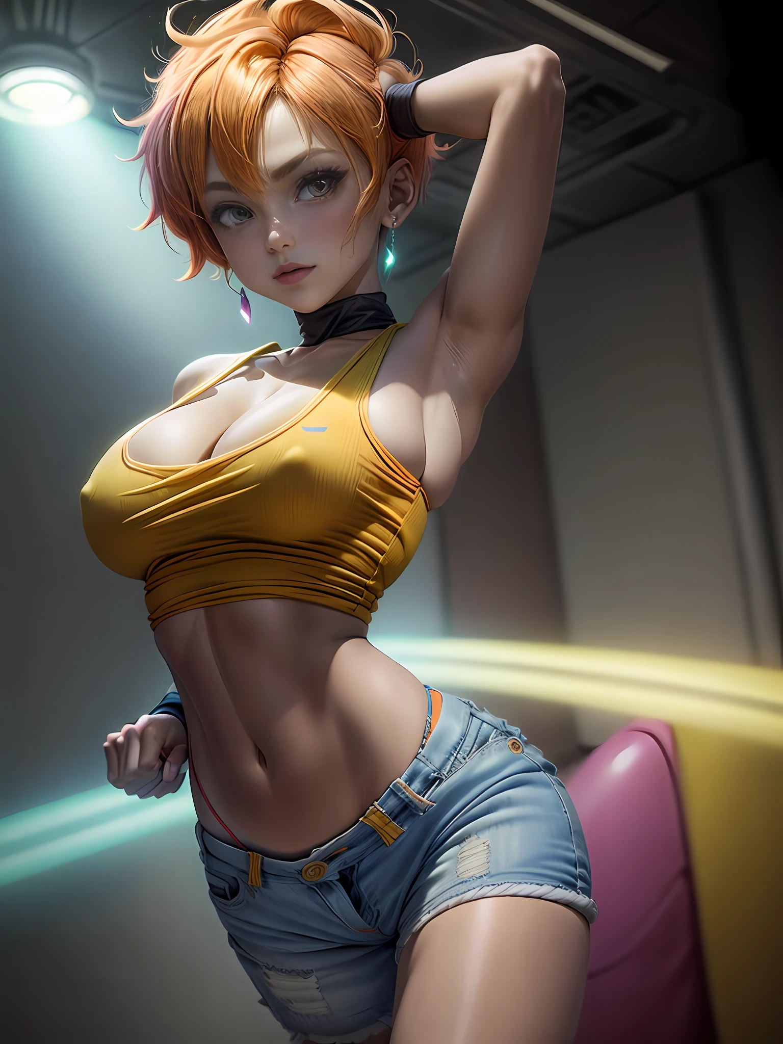 portrait lone (buttercup from powerpuff girls) as (buruma_brief_older Buruma_DBZ_Buu)1.4, (cleavage large_breasts, orange hair style,yellow crop-top, short jean, as a pokemon challenger)1.2, training to fight arena, front view, (high detailed skin:1.2)(realistic pupils,realistic iris:1), 8k, aqua_hair, studio lights, glowing colors, glowing skin, pastel color, colorful