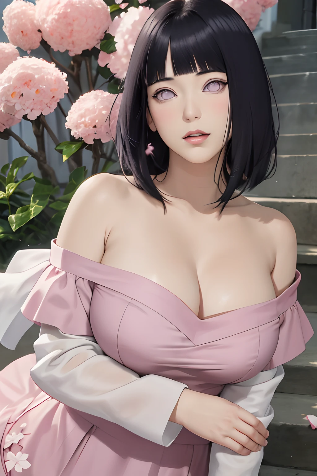 masterpiece, absurdres, hinata hyuga, 1girl, solo,mature female, off shoulder top, looking at viewer, (falling petals), perfect composition, detailed lips, big breast, beautiful face, body propotion, blush, (pink lips), long hair, purple eyes, soft gaze, super realistic, detailed, photoshoot, realistic face and body, detail body, detail finger, sexual expression, seductive expression,