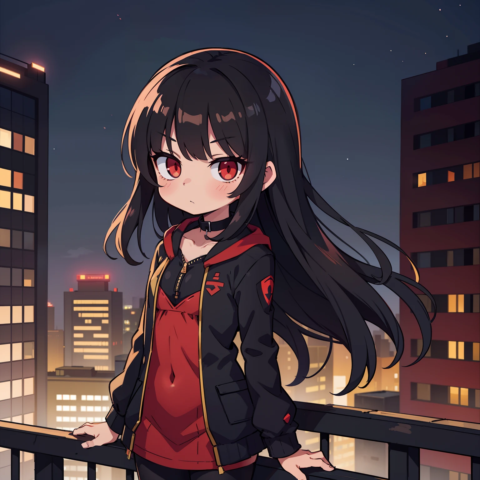 cute **** with long black hair, red glowing eyes, small body, black suit, standing on balcony overlooking city skyline at night