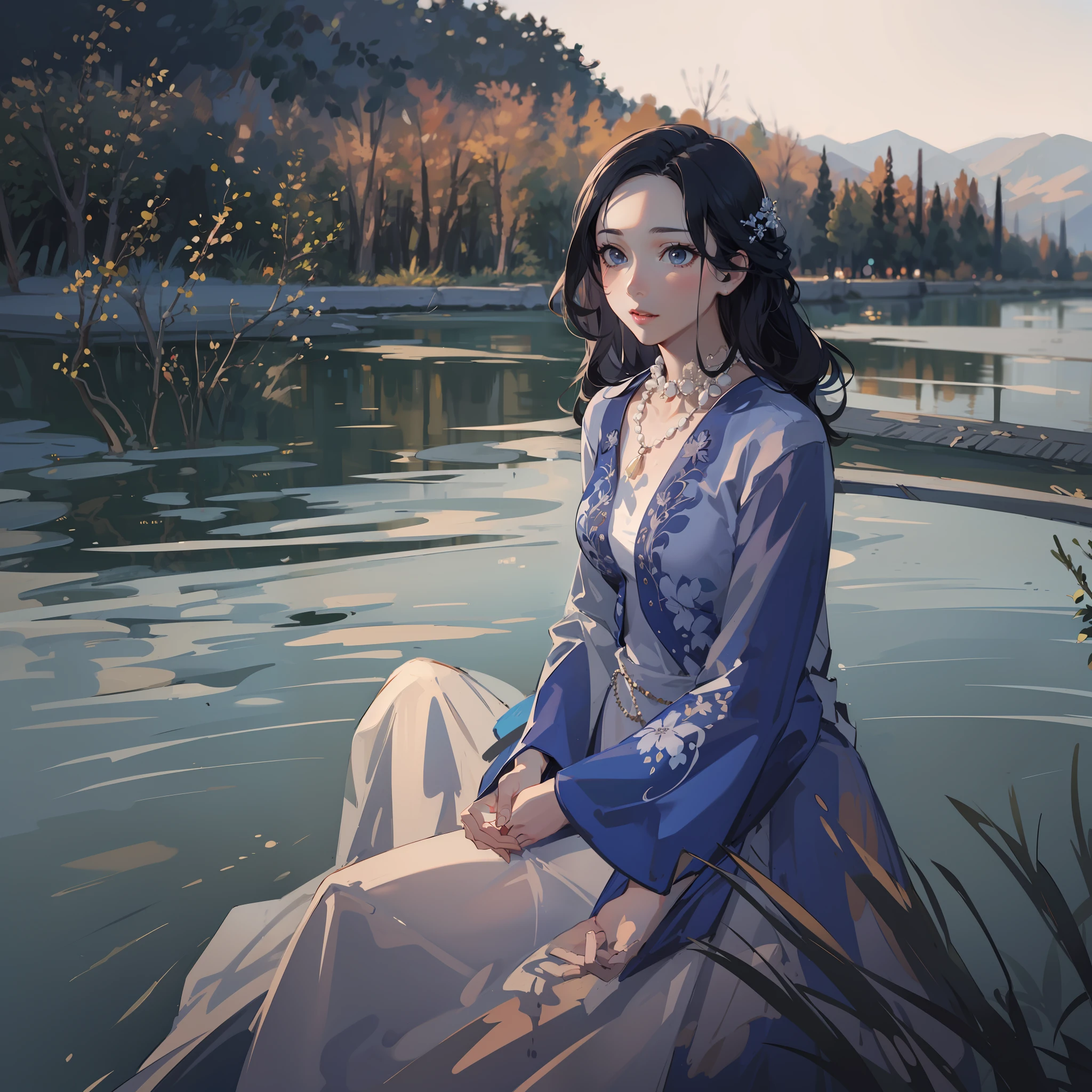 garments:Woman in blue Ao Dai:1.8,accessory:shell necklace,The hair:Long Black Hair:1.1,dutch angle shot,low angle,full body shot,medium shot,make - up:natural, Glowing skin、Wearing sweat, BEReaction:relax、Free-spirited、 The location:Landscape of Vietnam:1.1,Lantern sink:1.1,4K, (Raw photo: 1.2), (Realism: 1.4), (masutepiece: 1.3), (exquisite detailing: 1.2), Delicate and beautiful details, (Eye Detail), (Facial Detailed), (Highest Quality) :1.4), (Hyper-Resolution: 1.2), cinematric light, (very detailed illustration), (Best Quality, Super Resolution, depth of fields, Wide light, natural shadows