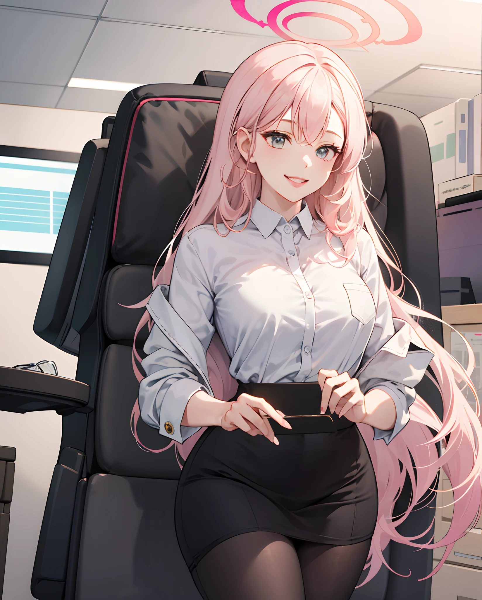 ((masterpiece, best)),(1girl),((mature woman)), light pink hair, dizzy, trumpet, ((office lady)), bangs, mid-chest, (full), slim, smiling, [wide hips] ,office,standing, aru \(blue archive\),