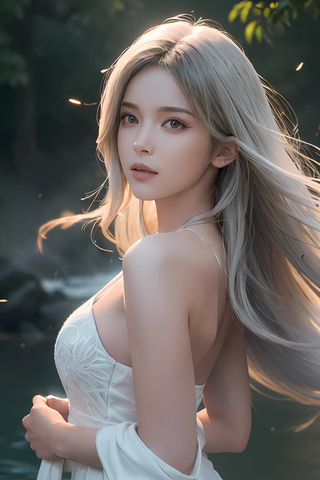 high quality work，Realistic artwork，Ultra Premium Graphics，8K HD CG works，High quality graphics，High-definition and elaborate CG work，10x pixels，Ultra-fine detail：1.1，Advanced Technical Details：1.1 realistic photo effects，Indoor lighting effects：1.5，Natural soft light：1.5. Light effects（Virtual Light Effects：1.8），Ultra-high resolution，Shiny Dress，Silver long hair，Silver Hair，Transparent Hair，Hair with attention to detail（High quality hair detail：1.1）Clear Eyes，Double eyelids are beautiful，Sharp eye makeup, Creates exquisite eyelash makeup, Thin eyebrows, Very fine eye，High nose, beautiful red lips, Rosy Cheeks, Delicate makeup applied , Pretty face, The face shape is perfectly balanced,（Advanced Face Detail：1.1） Masterpiece photo captures the essence of a dream experienced by an amazing young white woman NSFW, Perfect and beautifully detailed face, Realistic pores, 鋭くClear Eyes, ( are visible), sheer dress, All around her are tendrils of smoke that transform into surreal butterf., In a dream, she、鮮やかな色と超現実的な要素で満たされた幻想的なWind景の中にいることに気づきます。, The atmosphere is dreamy and ethereal, A soft light illuminates the scene, Young women are depicted as radiant and confident, Surrounded by symbols of her aspirations strength, The overall atmosphere of the image should evoke a sense of wonder, empowerment, and endless possibilities, Complex lighting, Rim Light, (Wind:1.3), ，Women artwork，Dress full body video，realism，Great cleavage，Your eyes arg brightly today