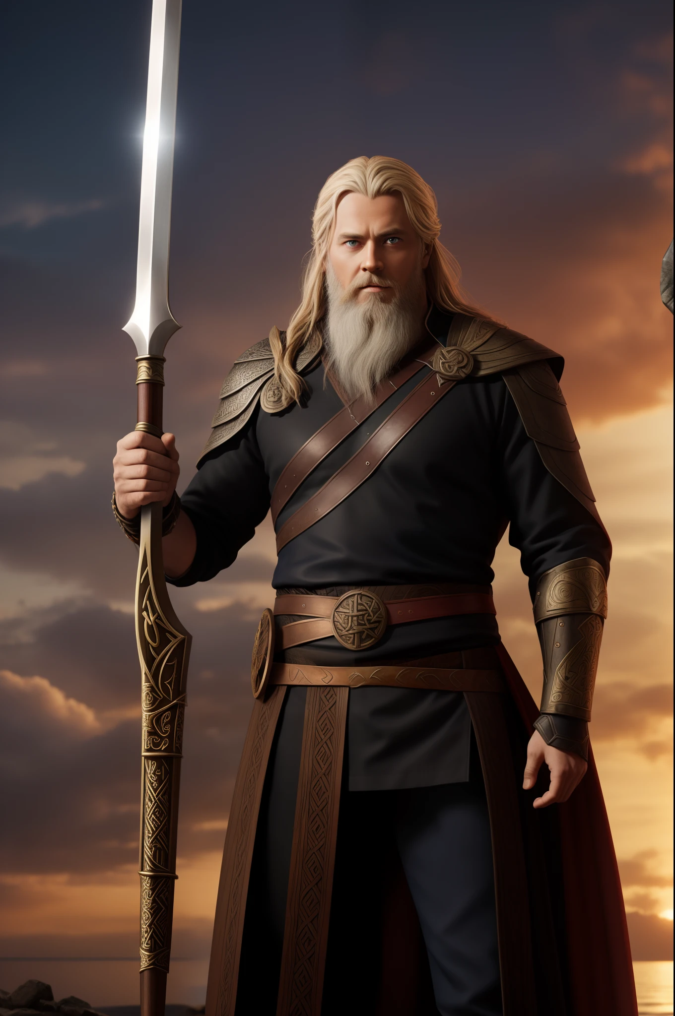 The Norse God Odin holding his spear Gungnir above his head, 8k, photorealistic