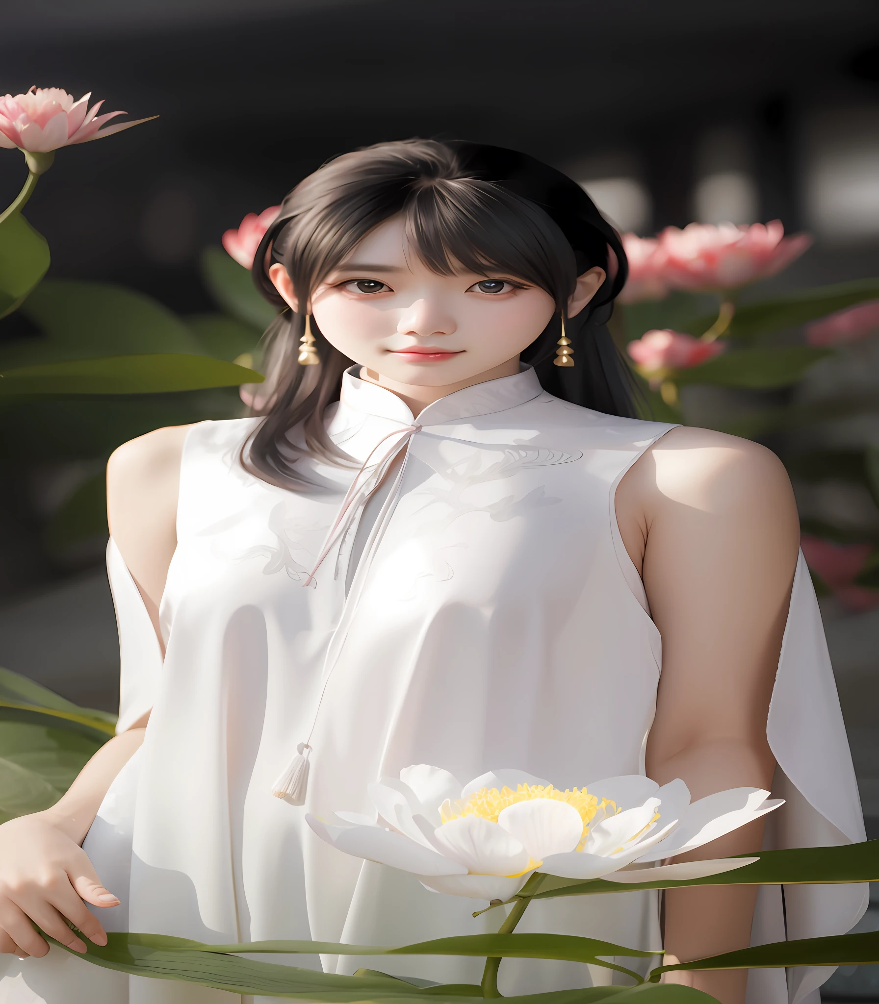 There was a woman standing in front of a flower,in a white shirt, White Hanfu, Palace , A girl in Hanfu, author:Yu Zheding, gorgeous chinese models, with acient chinese clothes, Cheongsam, Soft portrait shot 8 K, inspired by Ma Yuanyu, Realistic. Cheng Yi, Inspired by Dai Xi, By Leng Mei