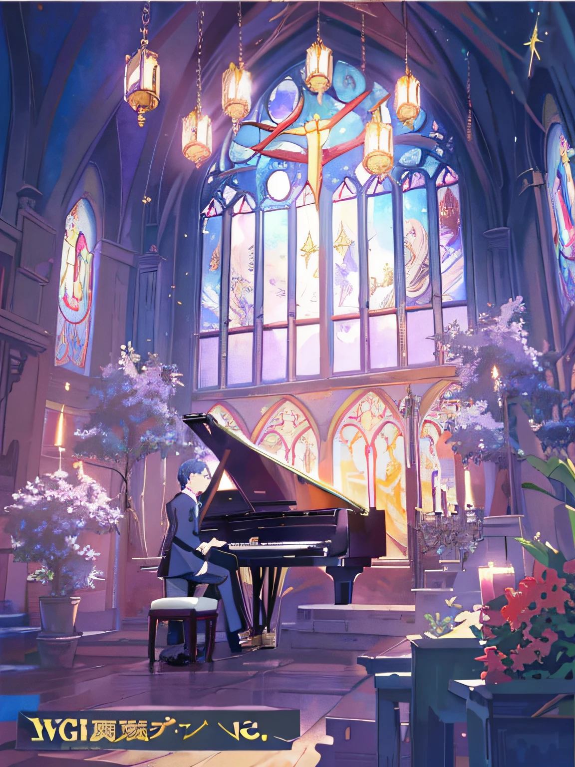 There is a grand piano in the church,There are stained windows, Anime background art, Magical atmosphere + Masterpiece, ross tran. scenery background, beautiful anime scenes, anime beautiful peace scene, 8K high quality detailed art, Dreamy atmosphere, cathedral background, There were men playing the piano,There was also a man behind the piano