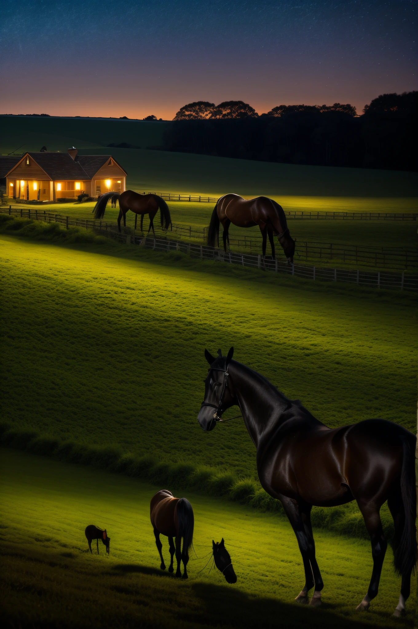 a beautiful black horse feeding on a landscape of a countryside farm at the night