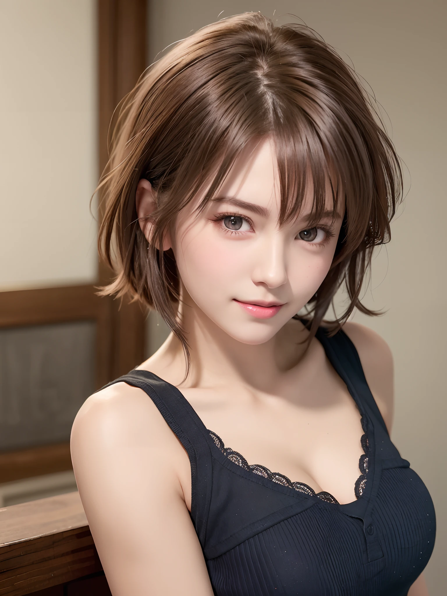 Best Quality, Ultra High Resolution, (Photorealistic: 1.4), Beautiful Eyes, Super Beautiful, Very Short Hair, Beautiful, Sweetheart, T-shirt with Rough Chest, Beautiful Soldier, Eyes That Invite Viewer, Lover's Perspective, Inviting Expression, Sexy Smile, Perfect Style, Perfect Balance, Detailed Skin, Naughty Gaze, Chest Visible