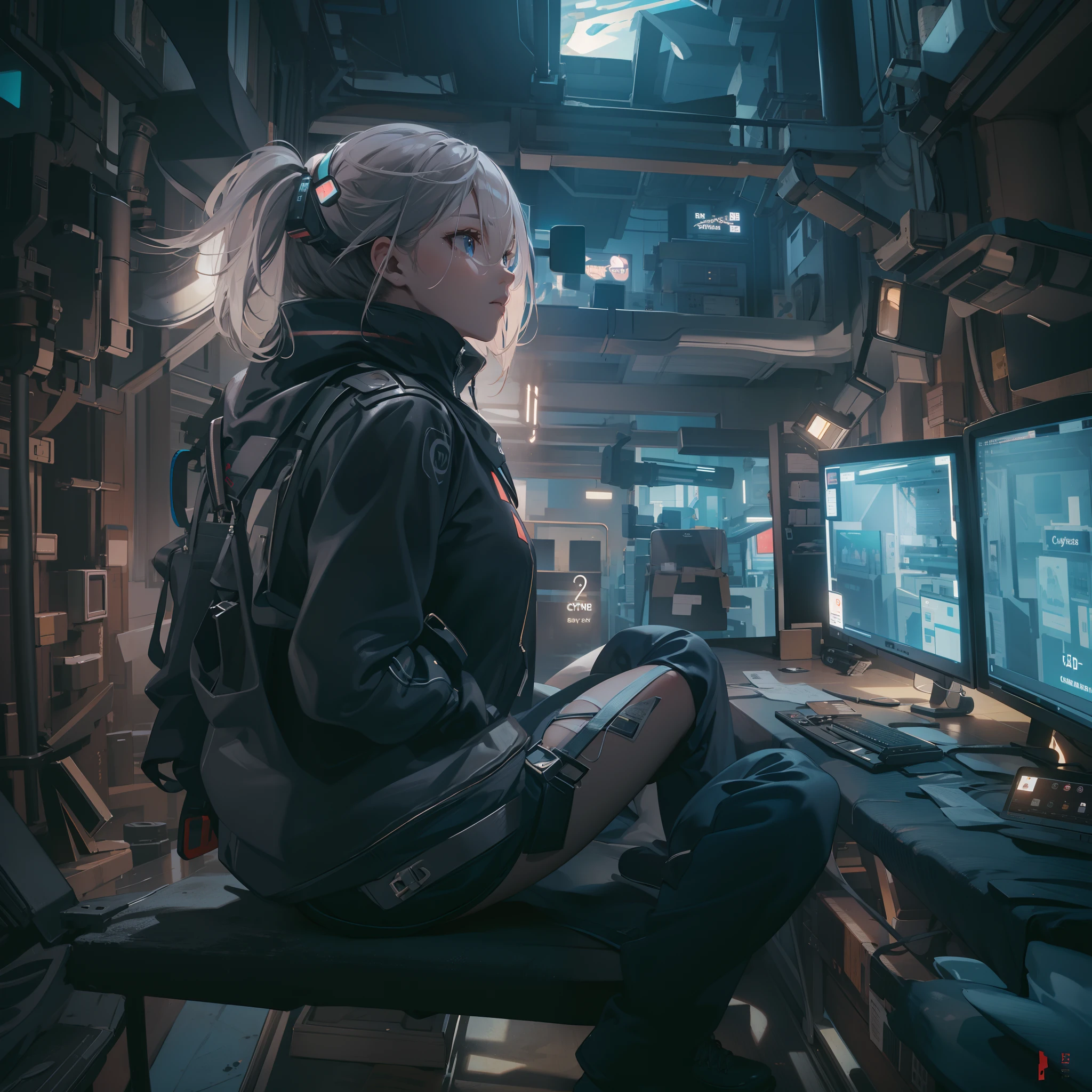 cyberpunked,Cyber City:1.8,Hi-Tech,High-tech townscape,Blowing in the wind,Relaxing girl,dutch angle shot,full body shot,medium shot,High-tech room:1.6,Cyberpunk Room:1.8,(8K), (Raw photo: 1.2), (Realism: 1.4), (masutepiece: 1.3), (exquisite detailing: 1.2), Delicate and beautiful details, (Eye Detail), (Facial Detailed), (Highest Quality) :1.4), (Hyper-Resolution: 1.2), cinematric light, (very detailed illustration),Best Quality,depth of fields, Wide light, natural shadows