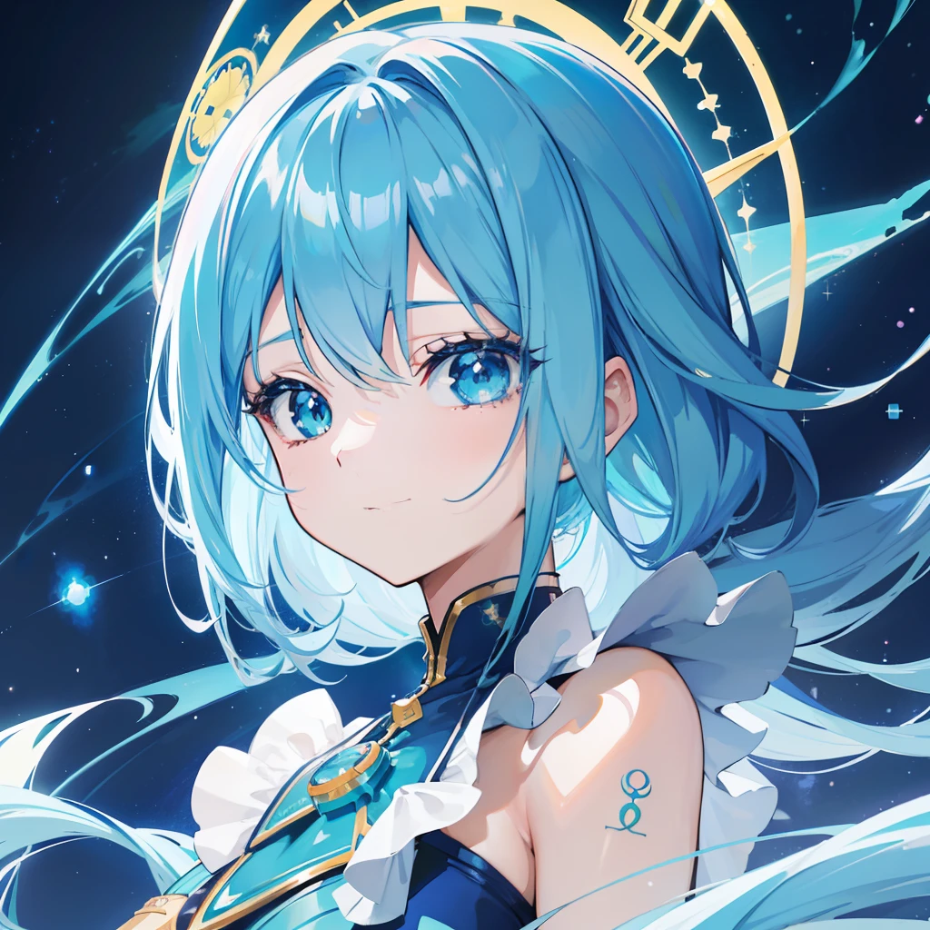 a close up of a woman with blue hair and a blue dress, anime girl with cosmic hair, cute detailed digital art, fantasy art style, anime style. 8k, beautiful anime girl, beautiful digital illustration, anime styled 3d, 8k high quality detailed art, beautiful celestial mage, beautiful digital artwork, anime girl with teal hair, azure. detailed hair