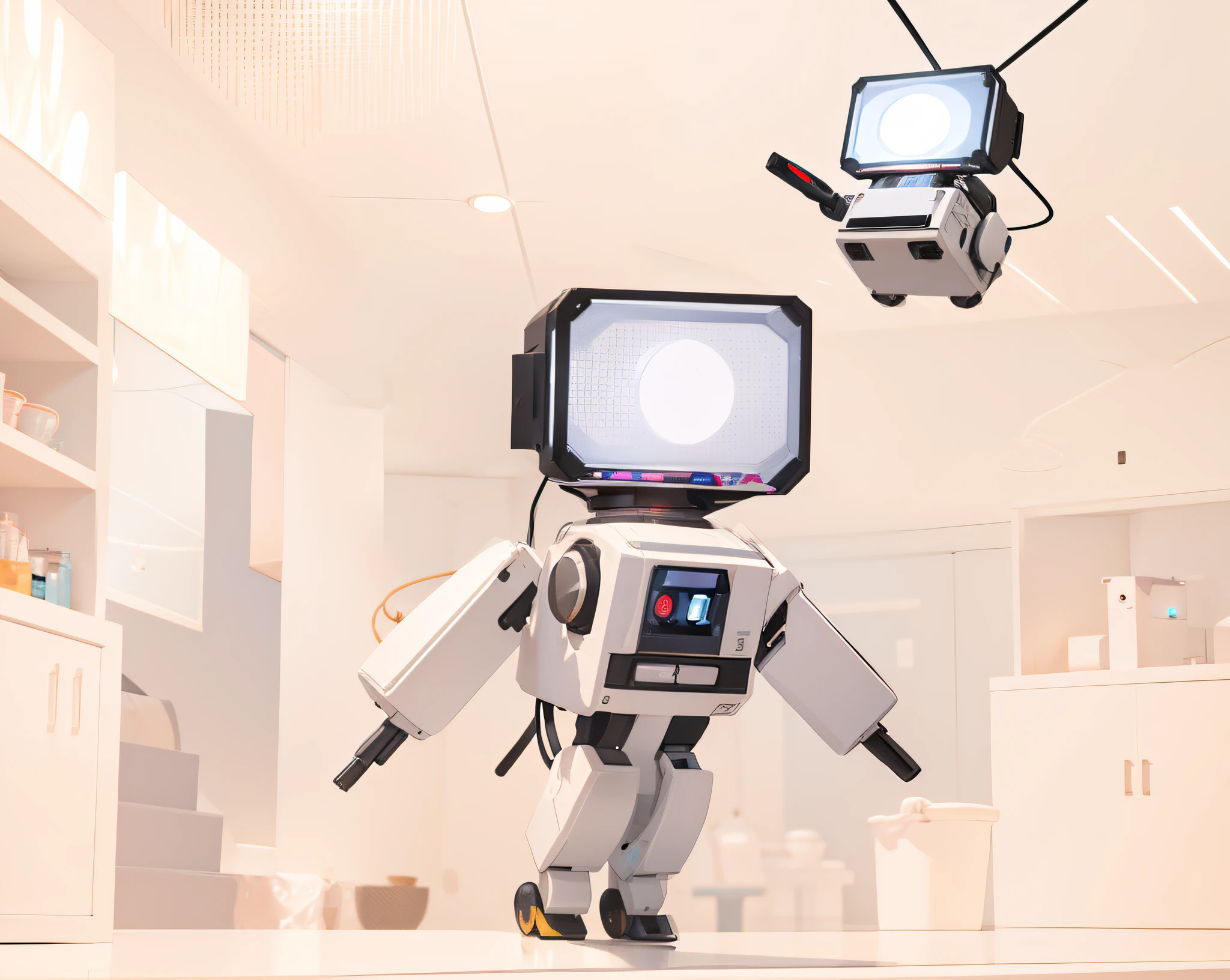 Perform the painting A small robot hanging from the ceiling with several leds and lamps , Beautiful 2D rendering square robot format, bonito arte digital detalhada, stylized 2d rendering, 2d renderizado arte personagem 8k, pintura digital bonito, estilo anime 2d, super detailed rendering, colors principail gray many square lamps