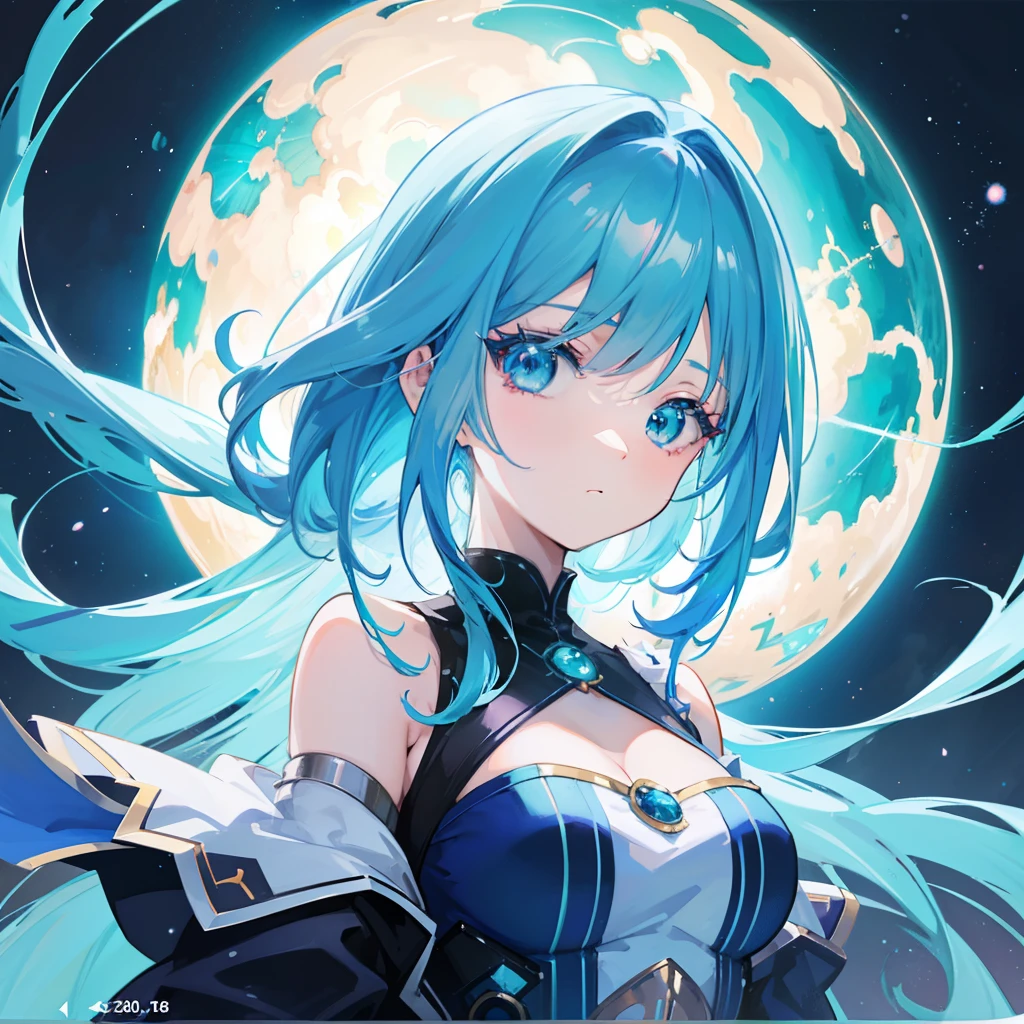 8k, highest quality, (real:1.4), Original photo, 1 girl, Asari Hair, Biological Amplifier, refined armor, posture: Peace talks between warring factions, smart blue eyes,Big blue moon in the background
