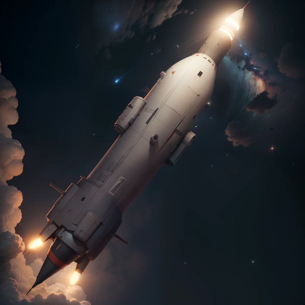 Soviet N1 rocket，Fly under the stars，（RAW photos，best qualtiy），（realisticlying，photograph realistic：1.3），best qualtiy，highly  detailed，tmasterpiece，hyper-detailing，illustratio，dynamic angle，Masterpiece Theatre of the World，best qualtiy，extremely detailed CG unity 8k wal，ink，astounding，cinmatic lighting