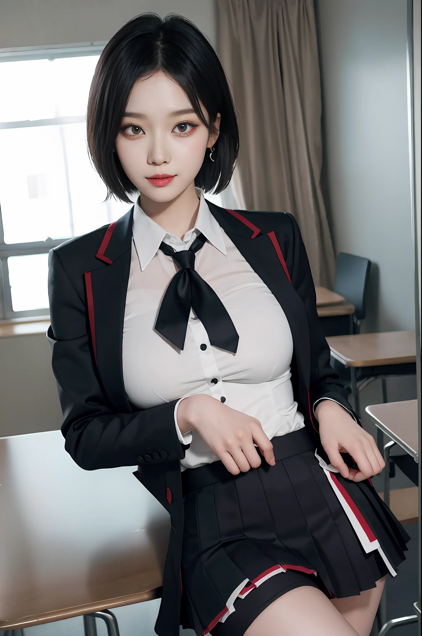 8K RAW photo, high resolution, 21 year old cool Korean, big round breasts, school uniform, tie, tie ribbon, blazer, skirt, beautiful eyes in detail, long eyelashes, beautiful double eyelids, eye shadow, slit eyes, sanpaku eyes, dark eye makeup, evil smile, beautiful thin legs, short hair gathered at the back, earrings, school classroom