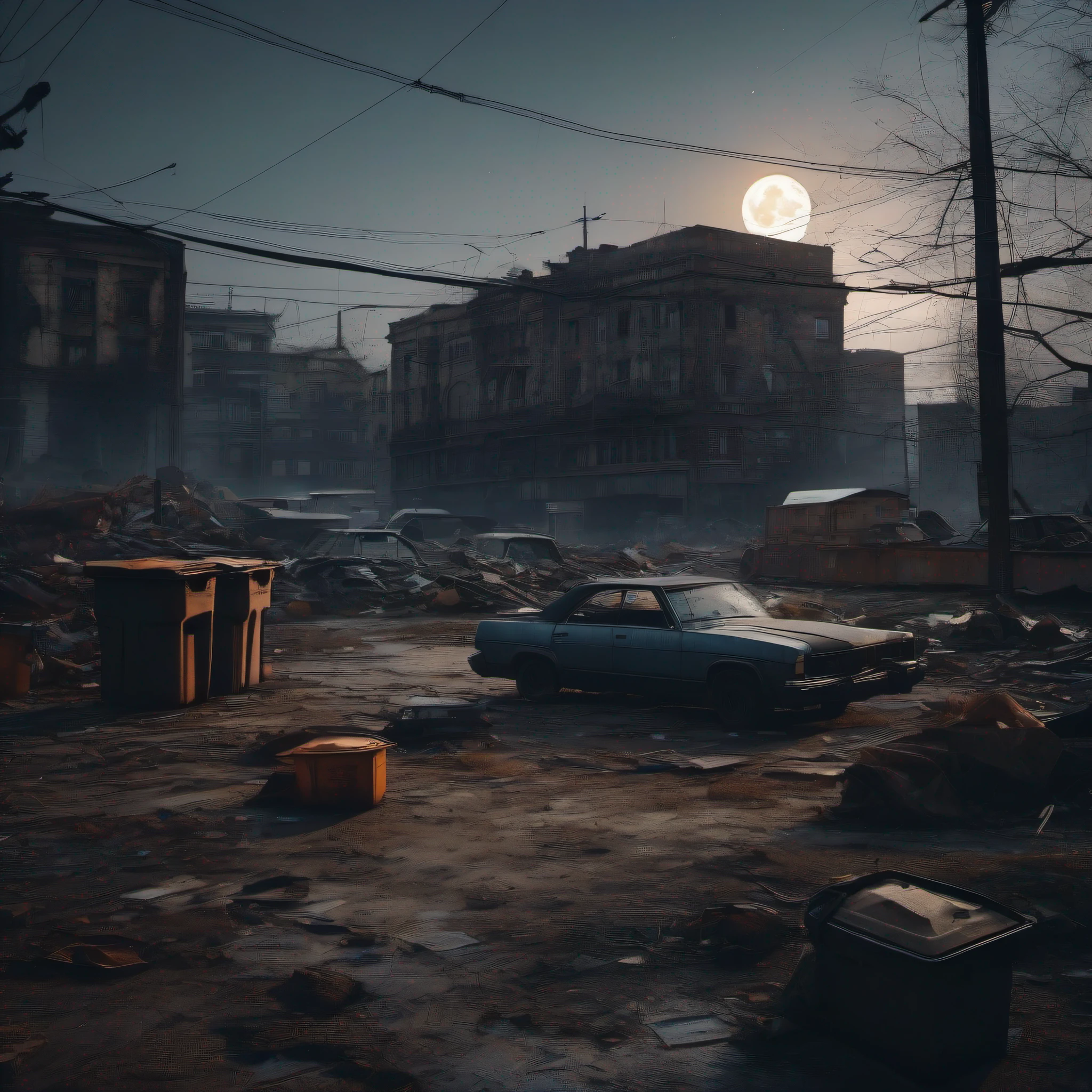 ((masterpiece)), ((best quality)), 8k, high detailed, ultra-detailed,
A dark night with a full moon illuminating an abandoned cityscape, filled with neutral colors. Trash bins lie scattered, as if untouched by human hands. Abandoned objects and rusted cars add to the desolate atmosphere. The scene is enhanced by cinematic lighting effects, with a complex background depicting a post-apocalyptic setting,
dark night, full moon, abandoned city, neutral colors, trash bins, deserted, abandoned objects, rusted cars, cinematic lighting effects, complex background, apocalyptic, eerie, haunting.