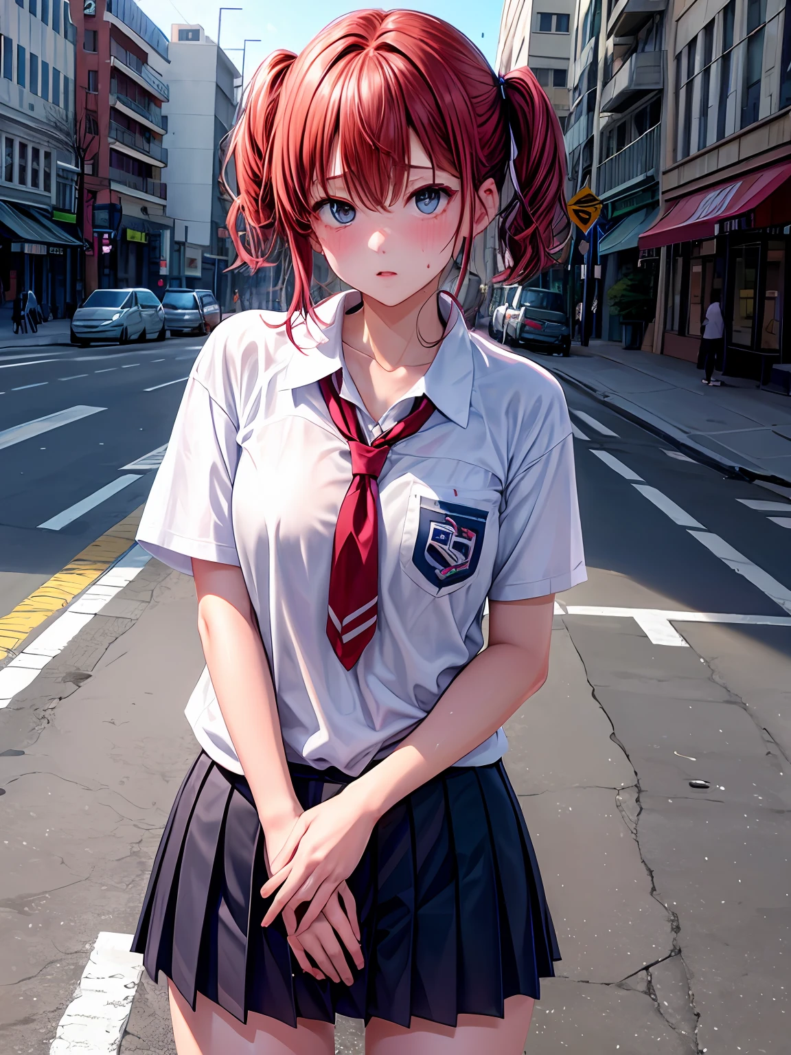 lighting like a movie、top-quality、Face of patience while holding the crotch with hand、hi-school girl、In the street、red blush、full of sweat、full of sweat、in 8K,Put your hand on your crotch、