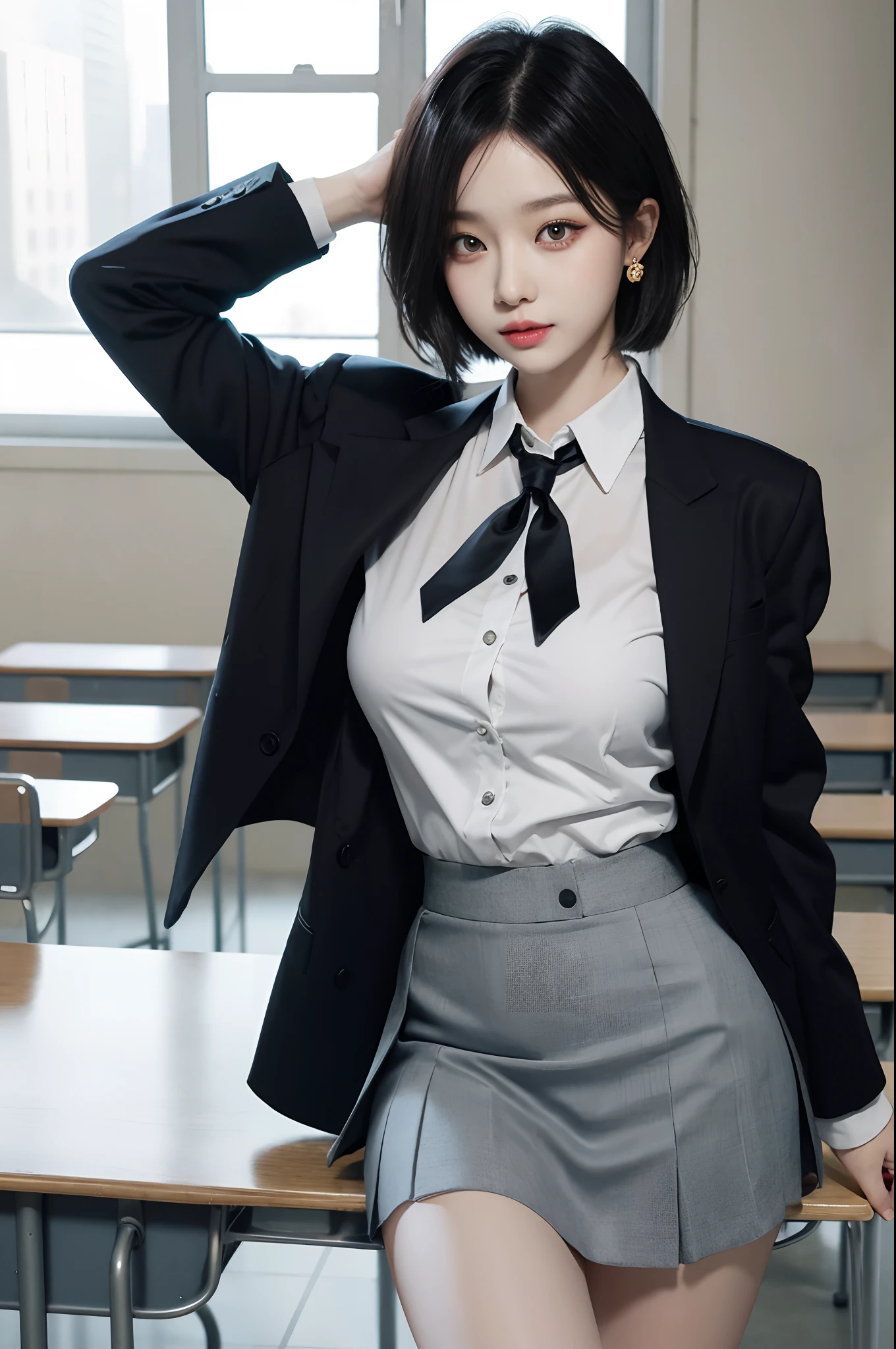 8K RAW photo, high resolution, 21 year old cool Korean, big round breasts, school uniform, tie, tie ribbon, blazer, skirt, beautiful eyes in detail, long eyelashes, beautiful double eyelids, eye shadow, slit eyes, sanpaku eyes, dark eye makeup, evil smile, beautiful thin legs, short hair gathered at the back, earrings, school classroom