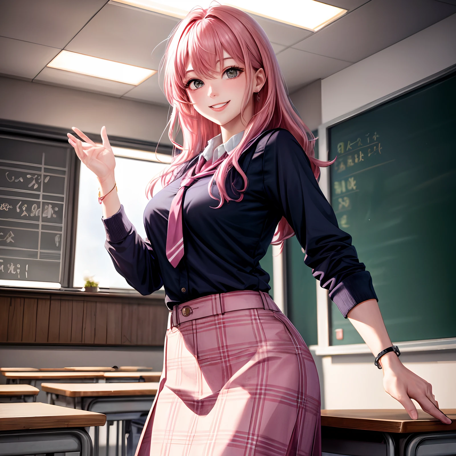 Masterpieces,high res,high quality,1 female teacher standing in the classroom podium,pink hair,beautiful face,smiling