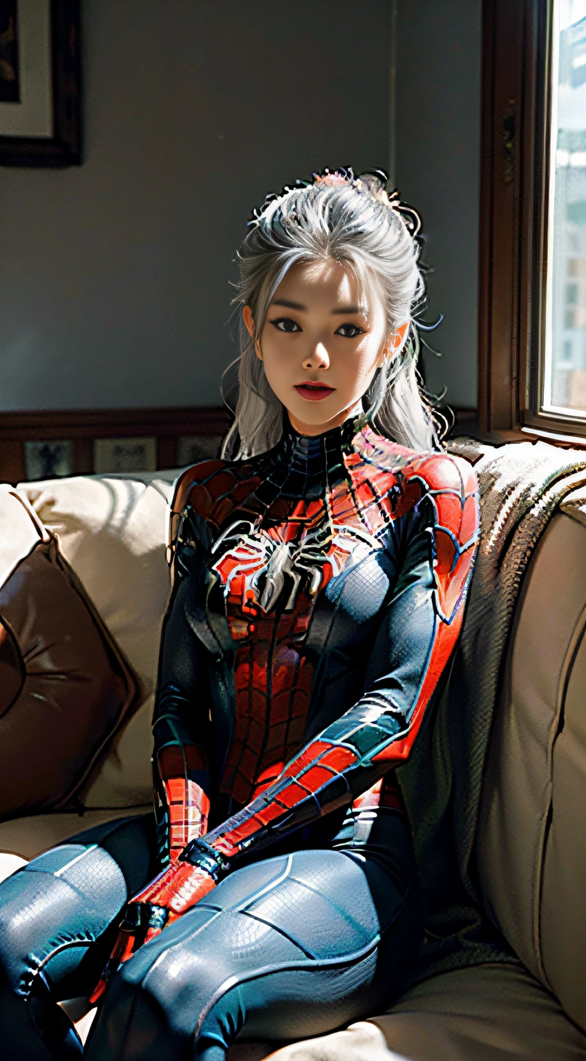 (Extreme Detail CG Unity 8K wallpaper, masterpiece, highest quality), (Exquisite lighting and shadow, highly dramatic picture, cinematic lens effect), a girl in Spider-Man costume, silver gray hair color, from the Spider-Man parallel universe, Wenger, Marvel, Spider-Man, sitting on the couch, dynamic pose), (excellent detail, excellent lighting, wide angle), (excellent rendering is enough to stand out in the same class), the focus is on white Spider-Man costumes, complex spider textures