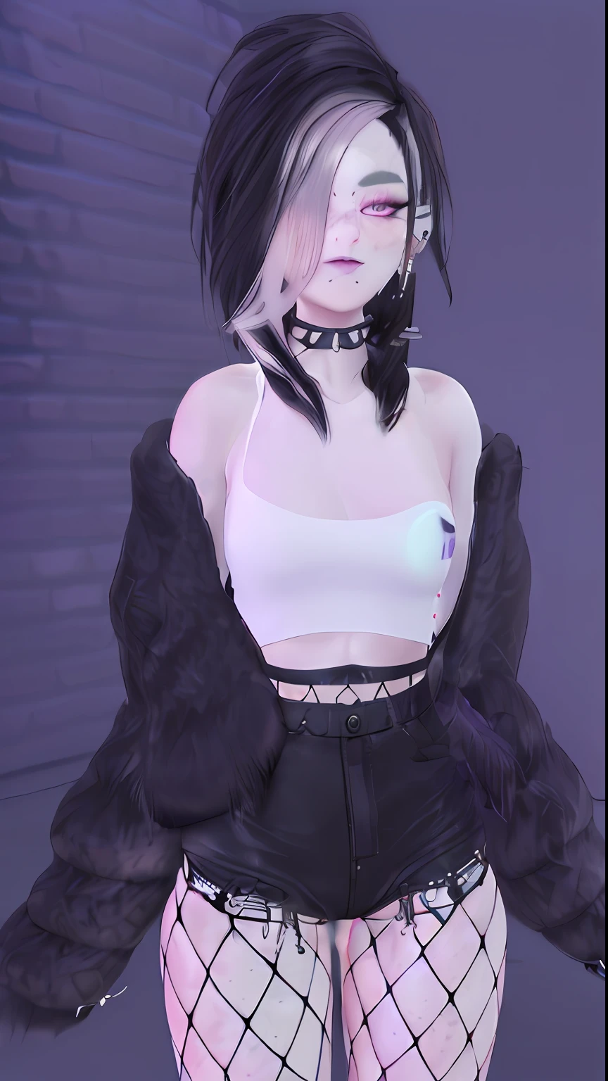 there is a 3d image of a woman with a furry coat, dark fur, imvu, second life avatar, close up half body shot, pastel goth, sensual gloomy style, holding a pudica pose, pastel goth aesthetic, loosely cropped, mall goth, aesthetic!!!!, (((mist))), secondlife, tinyest midriff ever