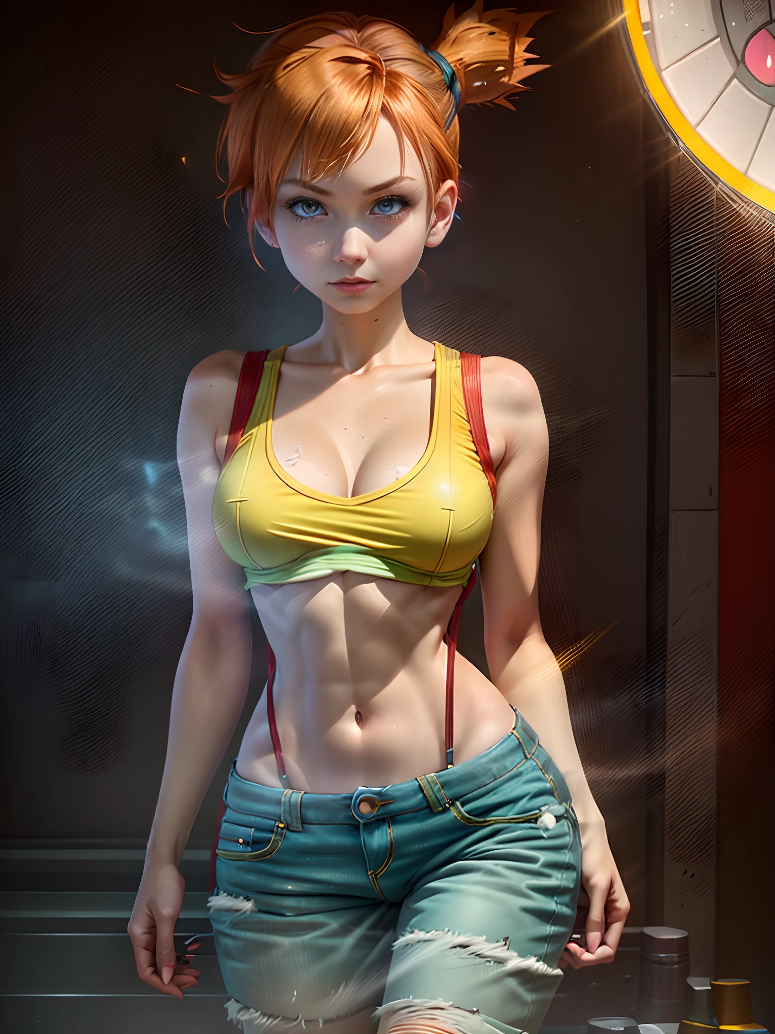 portrait lone (Misty from Pokemon) as (pokemon trainner)1.4, (cleavage small_breasts, orange hair style,yellow top, short jean, urban city front view, (high detailed skin:1.2)(realistic pupils,realistic iris:1), 8k, aqua_hair, studio lights, glowing colors, glowing skin, pastel color, colorful