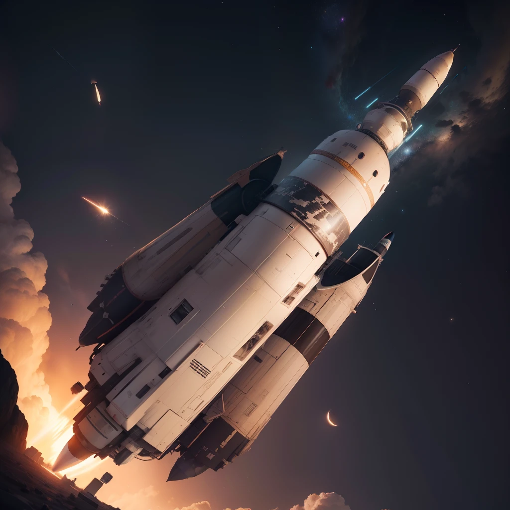 Soviet Energy rocket,American Saturn V rocket,Fly under the stars,(RAW photos,best qualtiy),(realisticlying,photograph realistic:1.3),best qualtiy,highly detailed,tmasterpiece,hyper-detailing,illustratio,dynamic angle,Masterpiece Theatre of the World,messy_long_hair,best qualtiy,extremely detailed CG unity 8k wal,ink,astounding,cinmatic lighting