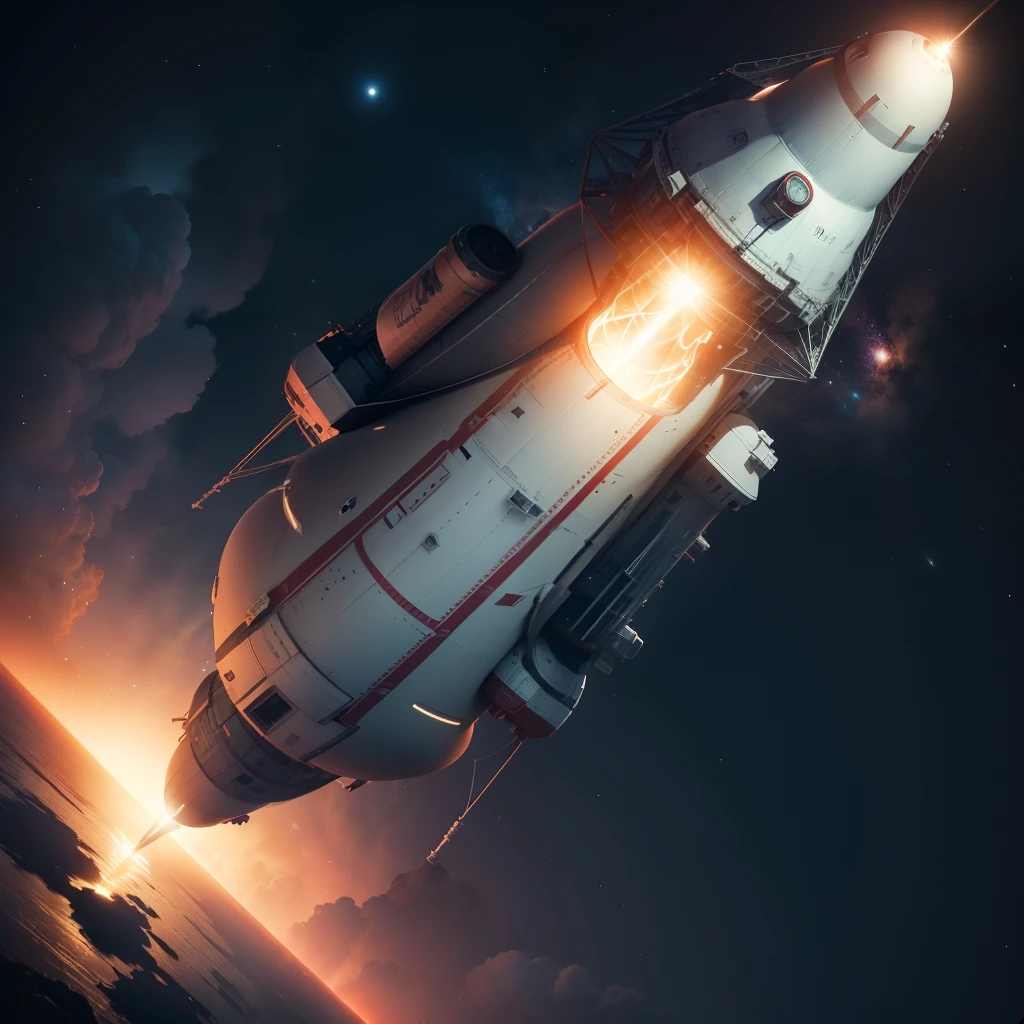 Soviet Energy rocket,American Saturn V rocket,Fly under the stars,(RAW photos,best qualtiy),(realisticlying,photograph realistic:1.3),best qualtiy,highly detailed,tmasterpiece,hyper-detailing,illustratio,dynamic angle,Masterpiece Theatre of the World,messy_long_hair,best qualtiy,extremely detailed CG unity 8k wal,ink,astounding,cinmatic lighting