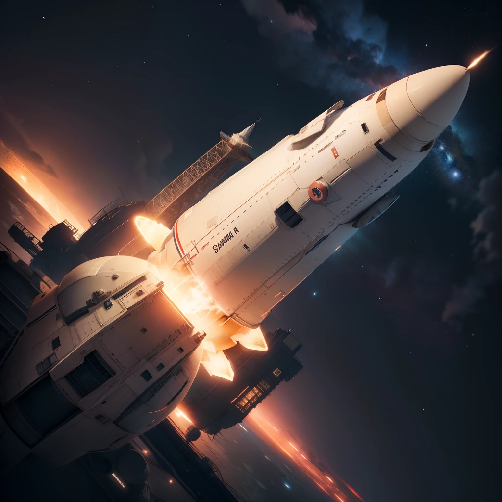 Soviet Energy rocket,American Saturn V rocket,Fly under the stars,(RAW photos,best qualtiy),(realisticlying,photograph realistic:1.3),best qualtiy,highly detailed,tmasterpiece,hyper-detailing,illustratio,dynamic angle,Masterpiece Theatre of the World,messy_long_hair,best qualtiy,extremely detailed CG unity 8k wal,ink,astounding,cinmatic lighting