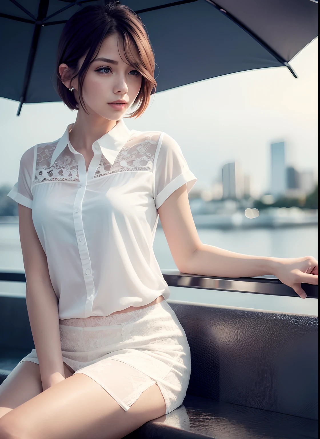 (8k, Best Quality, Masterpiece: 1.2), (Realistic, Realistic: 1.37), Ultra Detailed, 1 Girl, Cute, Solo, Beautiful Detailed Sky, Detailed Cafe, Night, Sitting, Dating, ( red nose), (smile: 1.15), (shut up) small breasts, beautiful and delicate eyes, (collared shirt: 1.1), night, wet, business attire, rain, white lace, (short hair: 1.2), flowing hair NovaFrogStyle,