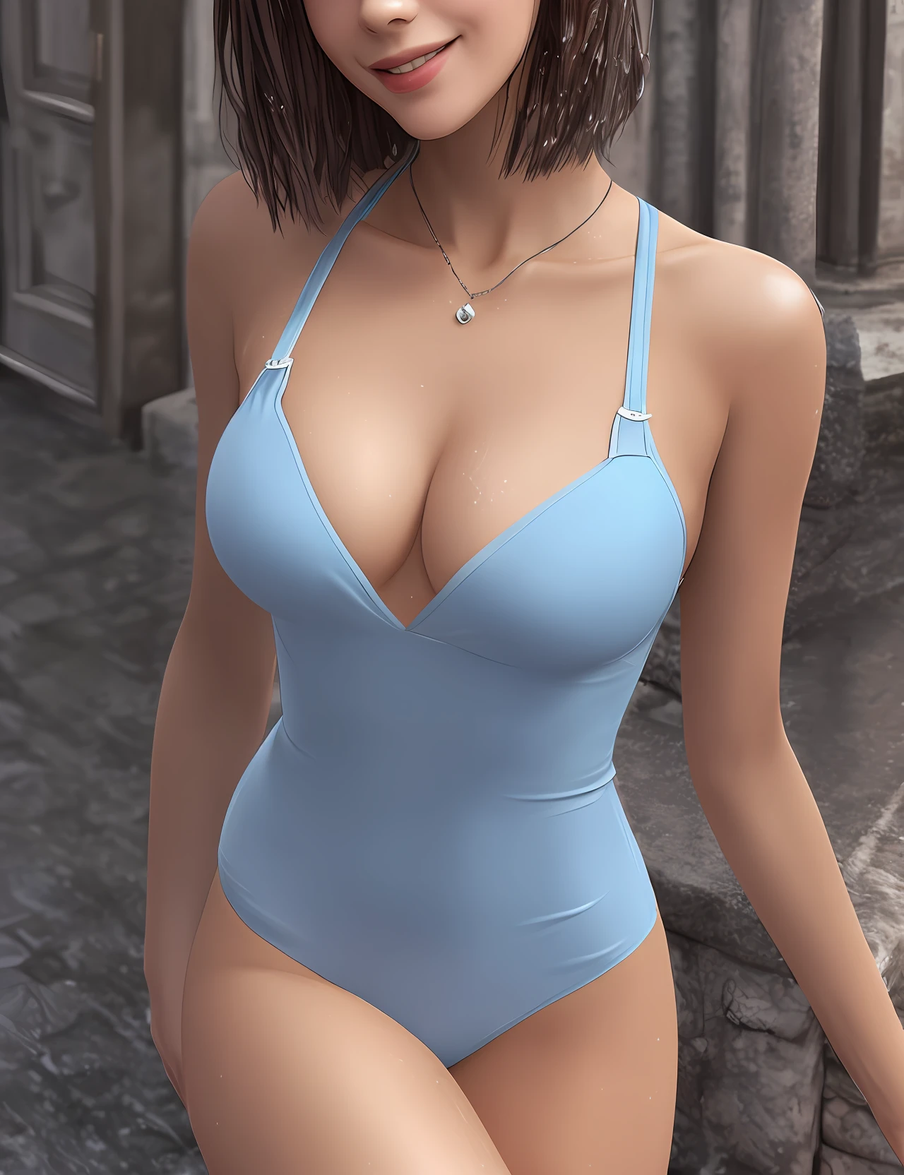 Smiling girl, perfect face, Car salesman, Wears a sky blue short-sleeved shirt, Wear white shorts, Realistic skin, Ultra-detailed portrayal, Perfect chest shape!!!,A brown-haired,Delicate hairstyle,Wet in the rain,,Open-chest outfit,Slip dress,chest visible,Deep V-shaped neckline, perfect thighs,,stand posture,,brassier,(((chest and buttocks)),Visible breasts,trouser,Tight white soft clothes(((skinny pants)),tmasterpiece,Photo details,especially the eyes,the detail,Emphasize realism,A masterpiece of realism,This official background,Super beautiful,aestheticly pleasing,Aesthetics,best qualityer,Displays the elegance and beauty of the image, 8K, cinematic photogtaphy, 4 HD, to emphasize (tight fit clothes), (High-gloss panties),