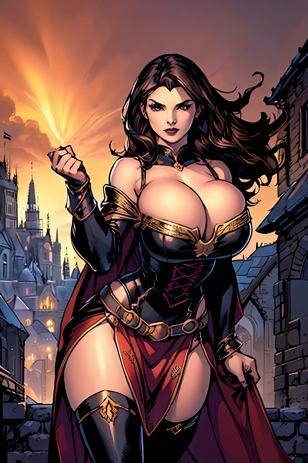 (masterpiece, top quality, best quality, official art, beautiful and aesthetic:1.2), (1girl:1.3), long and curly dark brown hair, extremely detailed, portrait, looking at viewer, solo, (full body:0.6), detailed background, close up, mischievous eyes, (warm summer castle theme:1.1), sorceress, charlatan, smirk, mysterious, walking in courtyard, revealing sorcerer attire, red skirts, off shoulder, long sleeves, loose sleeves, black leather, cloak, corset, black leggings, black trousers, black pants, long brown boots, buckles, straps, pouches, magic energy, red fabric, white trim, black leather, ((((gigantic breasts, cleavage, skindentation)))), slim waist, slim hips, long legs, medieval (castle exterior:1.1) background, dark mysterious lighting, shadows, magical atmosphere, dutch angle