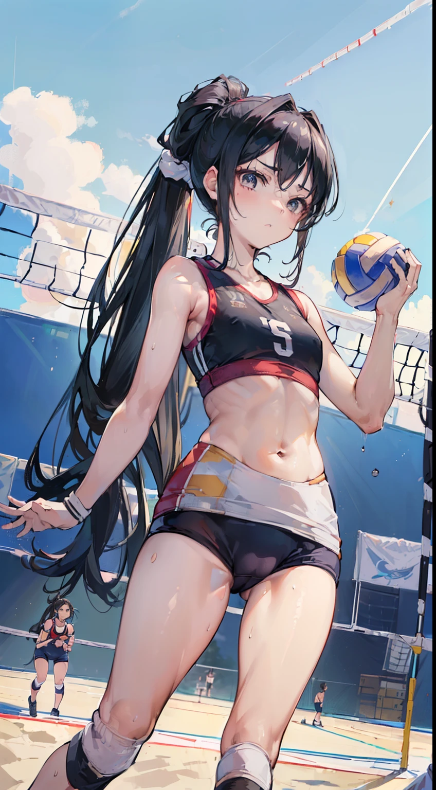(masterpiece, 4k ,ultra detailed:1.2),(beautiful face:1.2),(anime:1.2),illustration,(solo:1.2),(looking at viewer:1.4),(supermodel:1.3),(volleyball athlete:1.4),(volleyball uniform:1.4),(bike shorts:1.4),(volleyball:1.5),(sweaty skin:1.3),(two-tone hair),,(knitting absurdly long hair:1.5),(ponytail:1.3),(white panties),(string,abs,bouquet,child,small breasts,petite:1.1),(sfw,nipple,flat chest,dress,sports bra:1.5),(cinematic angle),(full body:1.2),(Camel toe:1.3),(volleyball field:1.5)