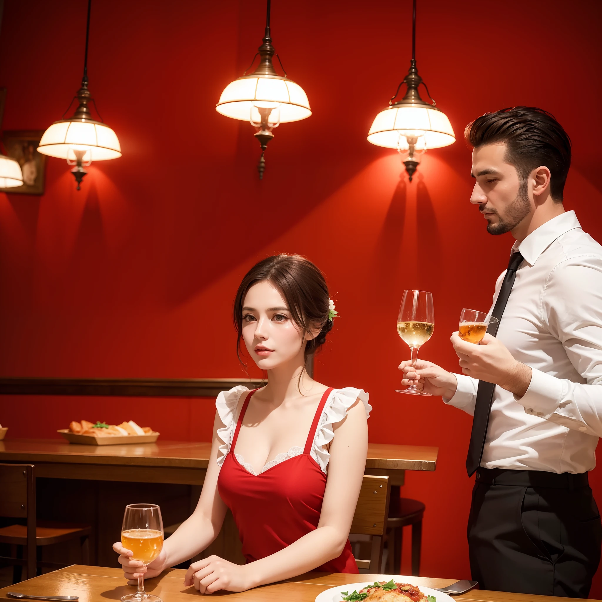 Man and woman in bright trattoria in Italian red tones