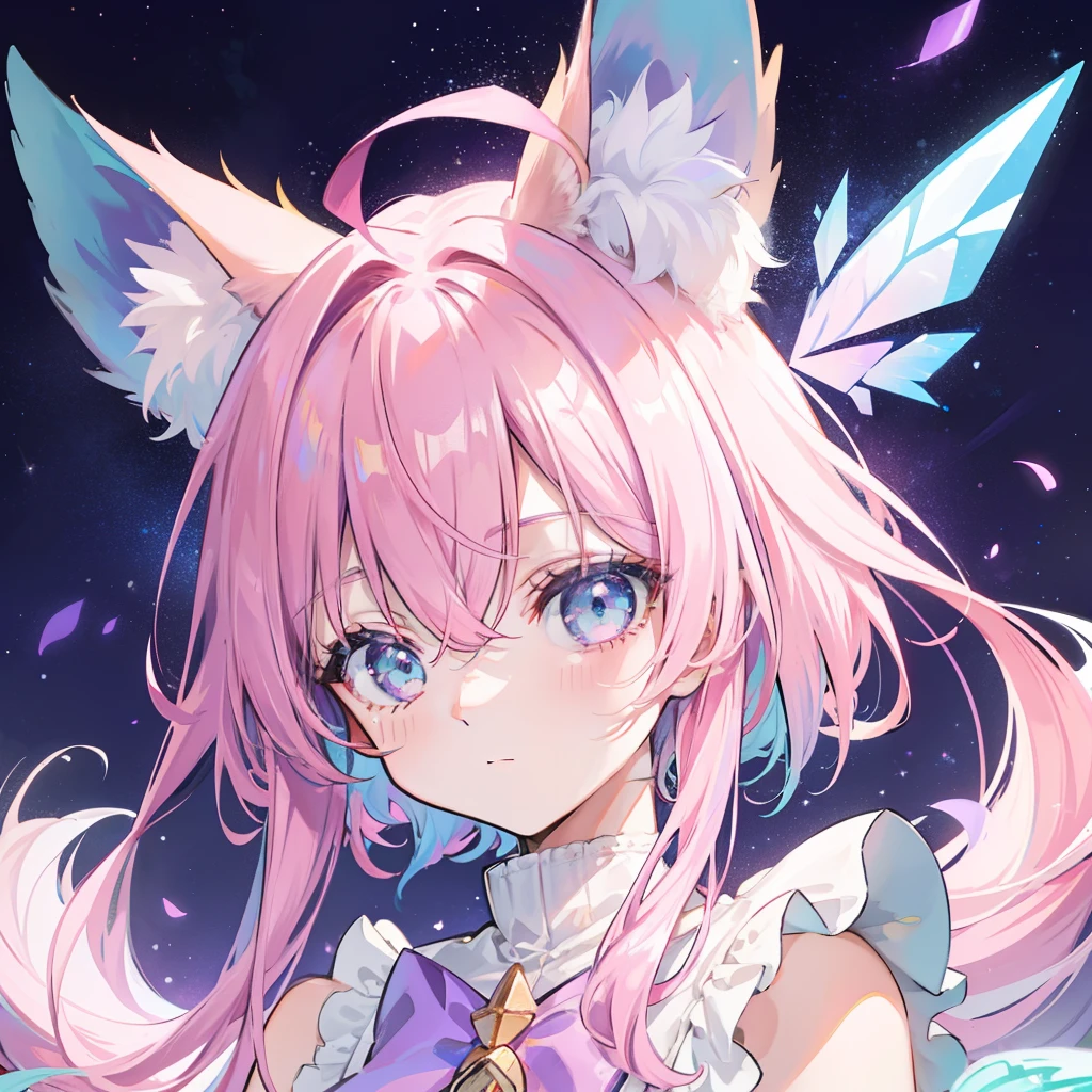 Against the background of the stars of the Heavenly Universe,A messy head,Pink and purple gradient hair,Acne-grown fox ears and fox tail,Pupils in pink color,There is a pair of blue-green butterfly wings on the back,Dressed in light cream white clothes,It is embellished with four colors: gold powder, blue and purple,is a cute girl