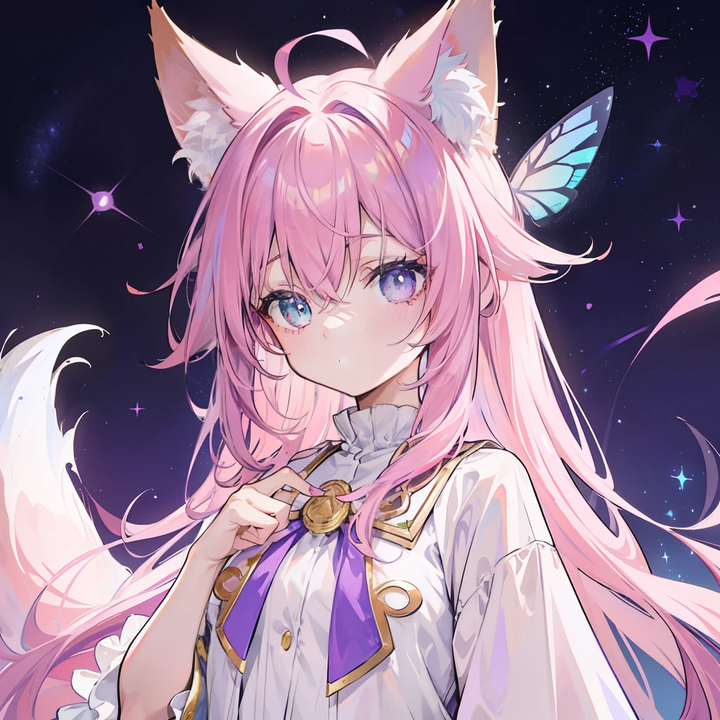 Against the background of the stars of the Heavenly Universe,A messy head,Pink and purple gradient hair,Acne-grown fox ears and fox tail,Pupils in pink color,There is a pair of blue-green butterfly wings on the back,Dressed in light cream white clothes,It is embellished with four colors: gold powder, blue and purple,is a cute girl