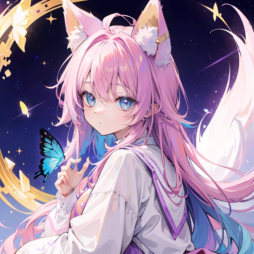 Against the background of the stars of the Heavenly Universe，A messy head，Pink and purple gradient hair，Acne-grown fox ears and fox tail，Pupils in pink color，There is a pair of blue-green butterfly wings on the back，Dressed in light cream white clothes，It is embellished with four colors: gold powder, blue and purple，is a cute little girl