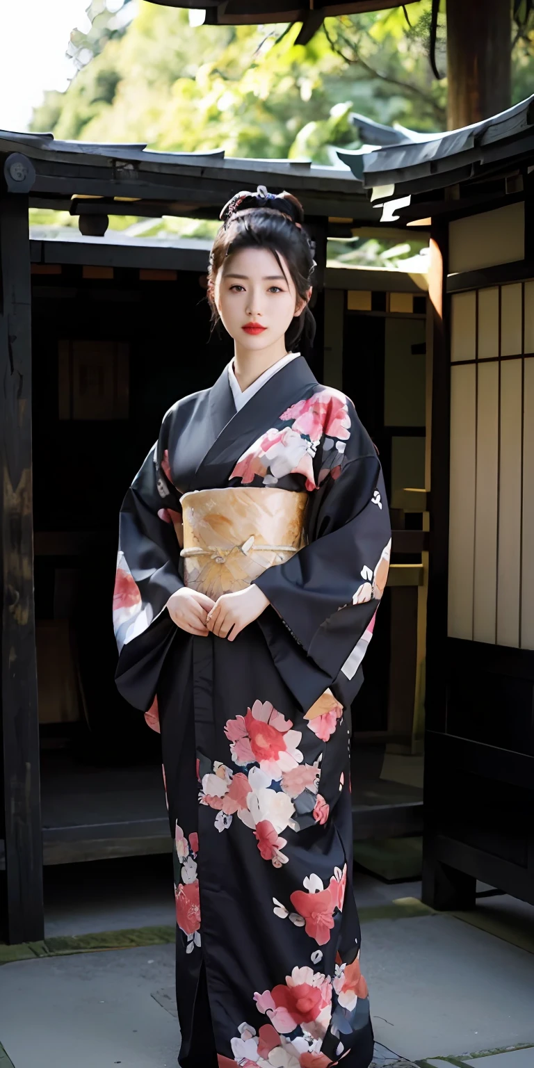 (black kimono:1.2),(japanese clothes:1.2),(floral print),(long sleeves),1 girl,full body,(short hair),(realistic:1.7),((best quality)),absurdres,(ultra high res),(photorealistic:1.6),photorealistic,octane render,(hyperrealistic:1.2), (photorealistic face:1.2), (8k), (4k), (Masterpiece),(realistic skin texture), (illustration, cinematic lighting,wallpaper),( beautiful eyes:1.2),((((perfect face)))),(cute),(standing),red lips, outdoors,(japanese style countryard),