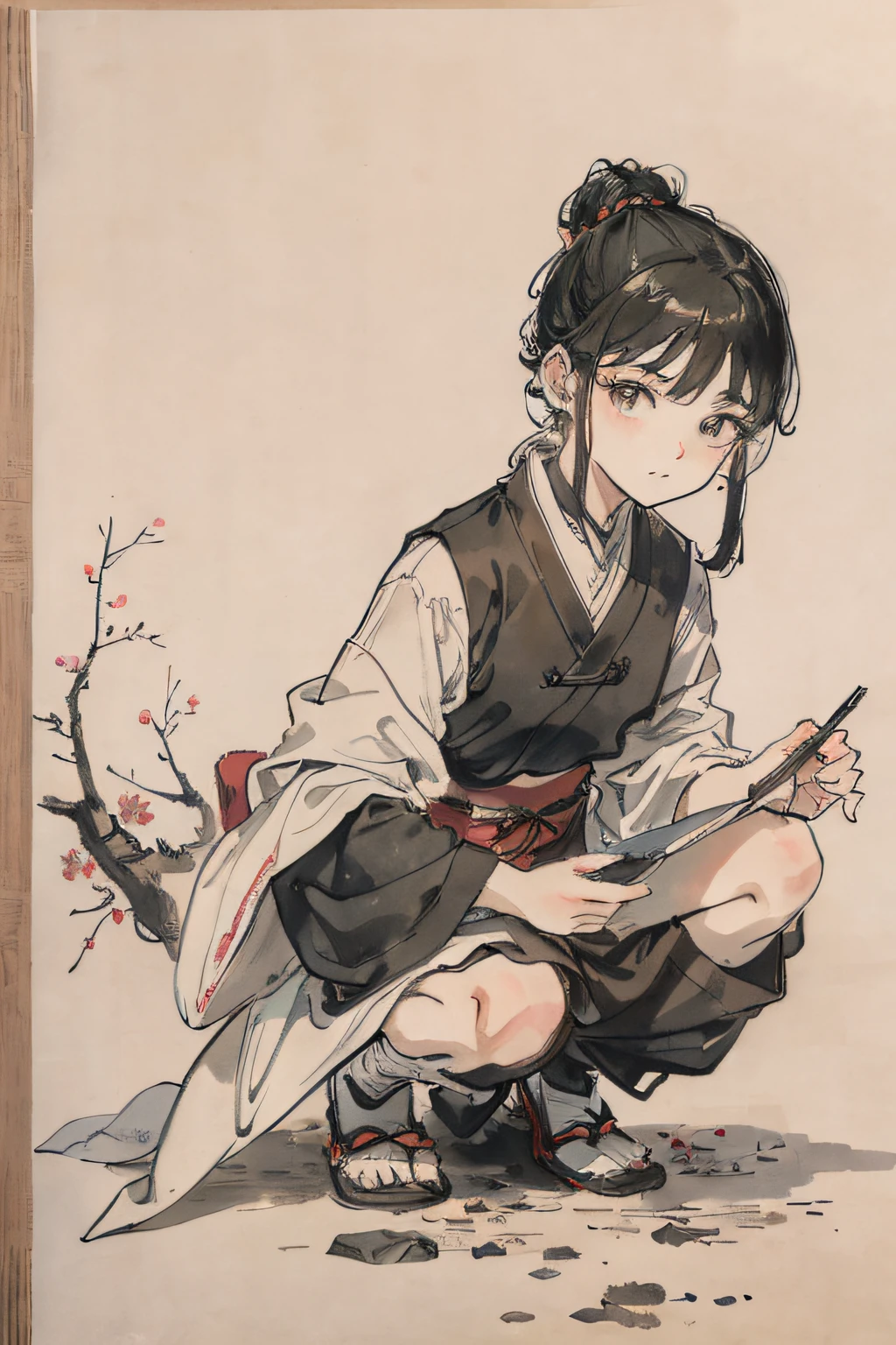 (masterpiece, best quality: 1.2), traditional Chinese ink painting, two children