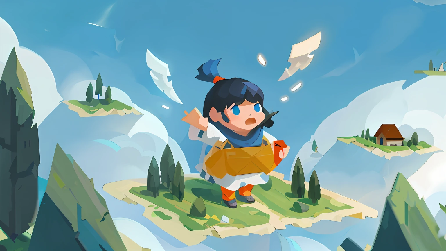 Cartoon girl holding bag on an island in the sky, Mobile game art, offcial art, atey ghailan 8 k, hero 2 d fanart artsation, indie concept art, flying islands, Character artwork, 2 d low polygon art, isometric 2 d game art, indie game concept art, nintendo game art, Stylized concept art, 2D illustration