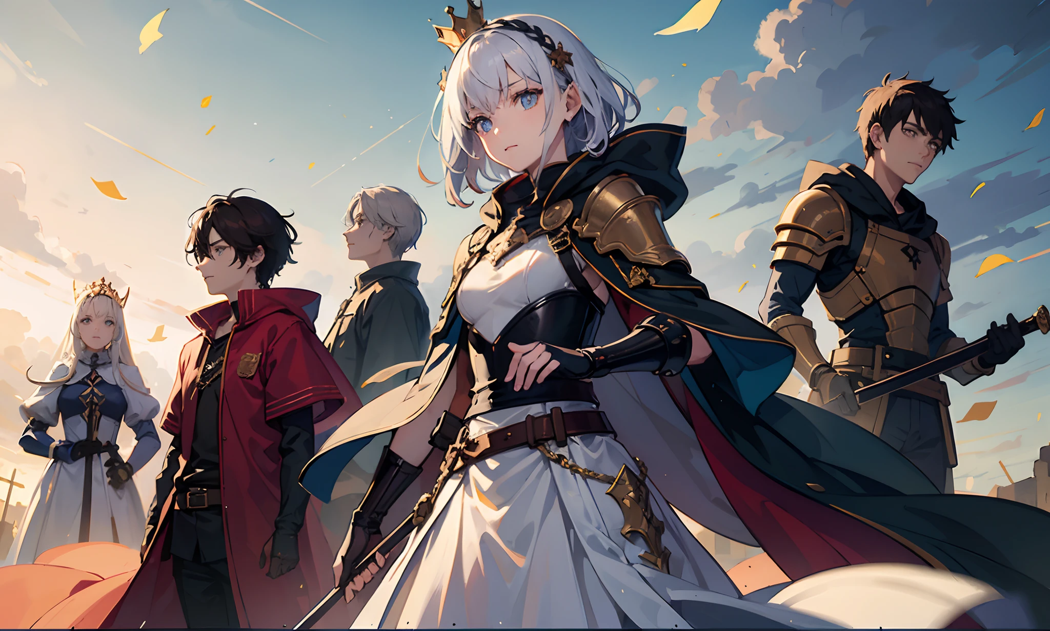 (masterpiece, top quality, best quality, official art, beautiful and aesthetic:1.2),weapon, sword, holding, multiple girls, blue eyes, long hair, looking at viewer, armor, fingerless gloves, holding weapon, gloves, holding sword, standing, hair ornament, bangs, multiple boys, capelet, 6+girls, braid, dress, black gloves, own hands together, serious, glowing, closed mouth, backlighting, long sleeves, shoulder armor, short hair, hair flower, floating hair, white hair, flower, white dress, belt, robe, hair between eyes, crown braid, 6+boys, brown hair, gauntlets, jewelry, pauldrons, hands on hilt, hood, two-handed, wide sleeves, light particles