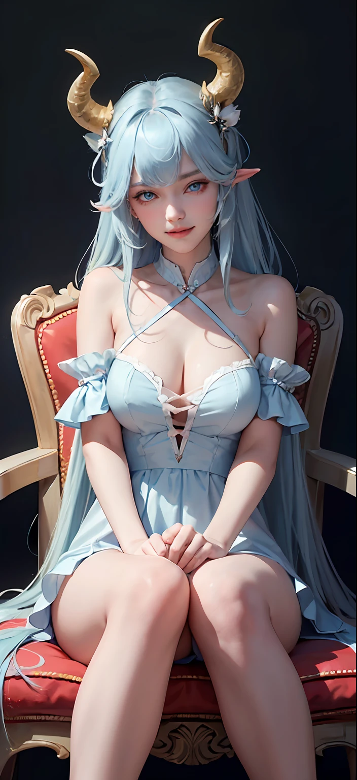 "tmasterpiece, extreme hight detail, Best quality, 超高分辨率, solo person, blue color eyes, Long horns, long hair flowing, dynamic angle, Beautiful face, Charming smile, Dress without shoulder straps, Natural relaxation posture, Wild light, Early morning view, Natural brightness, Pastel tones",