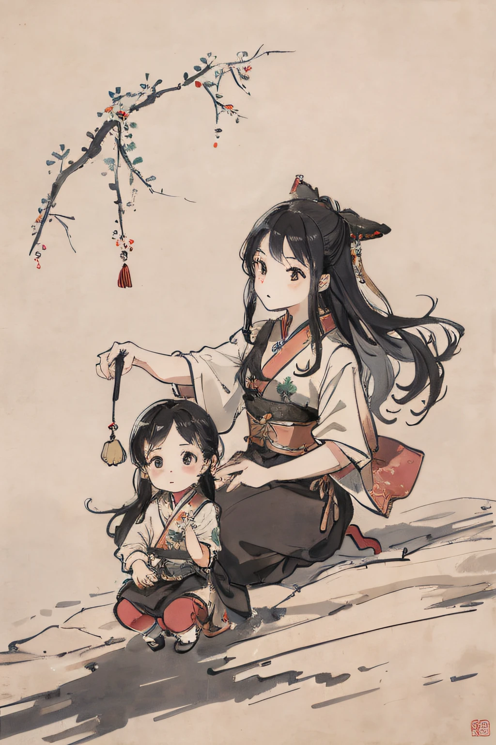 (tmasterpiece,best qualtiy:1.2),Tradition Chinese Ink Painting,Two small children,themoon,clubs