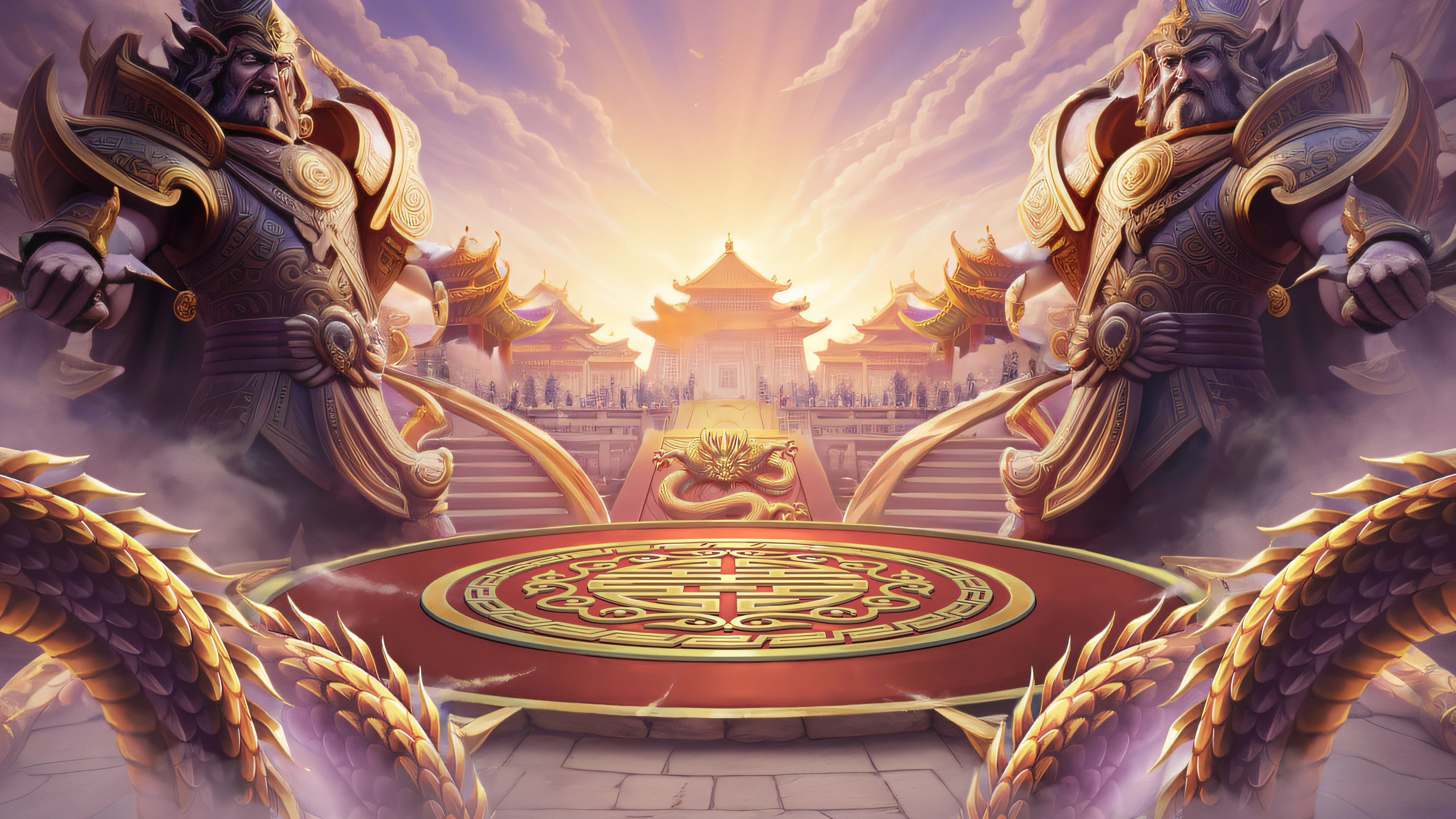 there are two men standing on a stage with a circular table, arena background, light kingdom backdrop, temple background, odin's stone arena background, background artwork, ornate borders + concept art, epic fantasty card game art, palace background, g liulian art style, detailed game art illustration, stunning arcanum backdrop, detailed digital 2d fantasy art, View of the imperial palace, the king's palace, the Forbidden City, the Chinese imperial palace